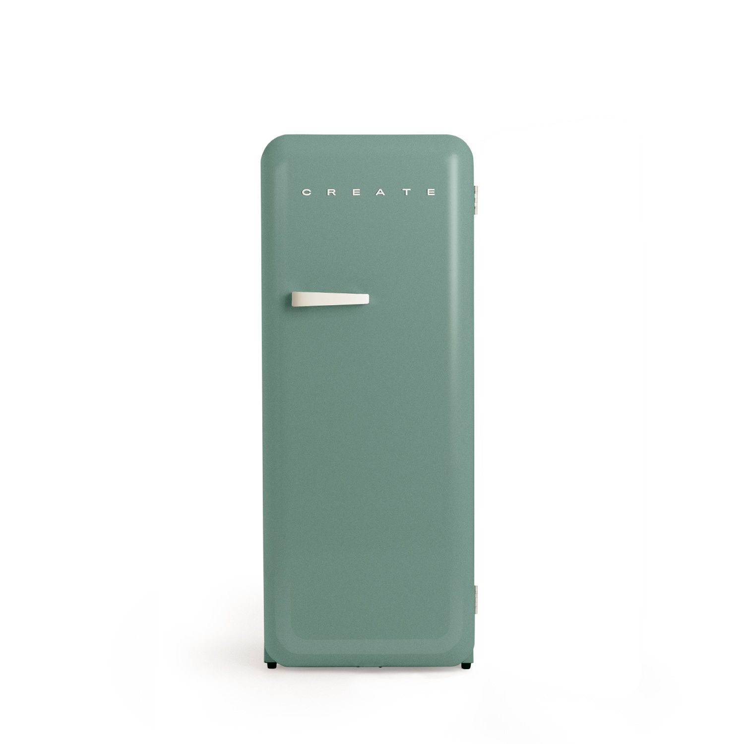Refrigerador verde salvia de estilo retro con asa blanca y logotipo CREATE en la puerta.