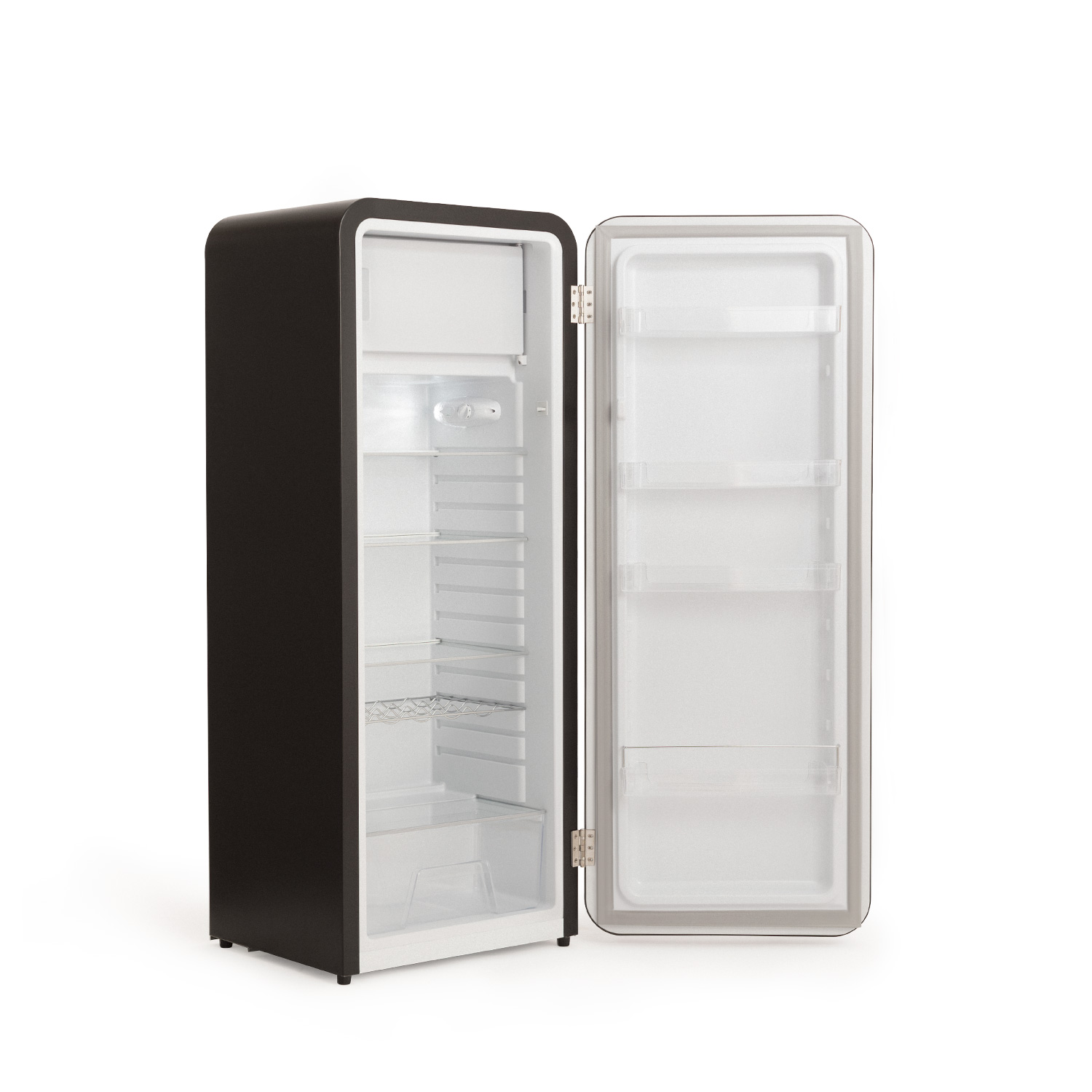 Refrigerador retro negro abierto, mostrando el interior con estantes. Interior blanco.