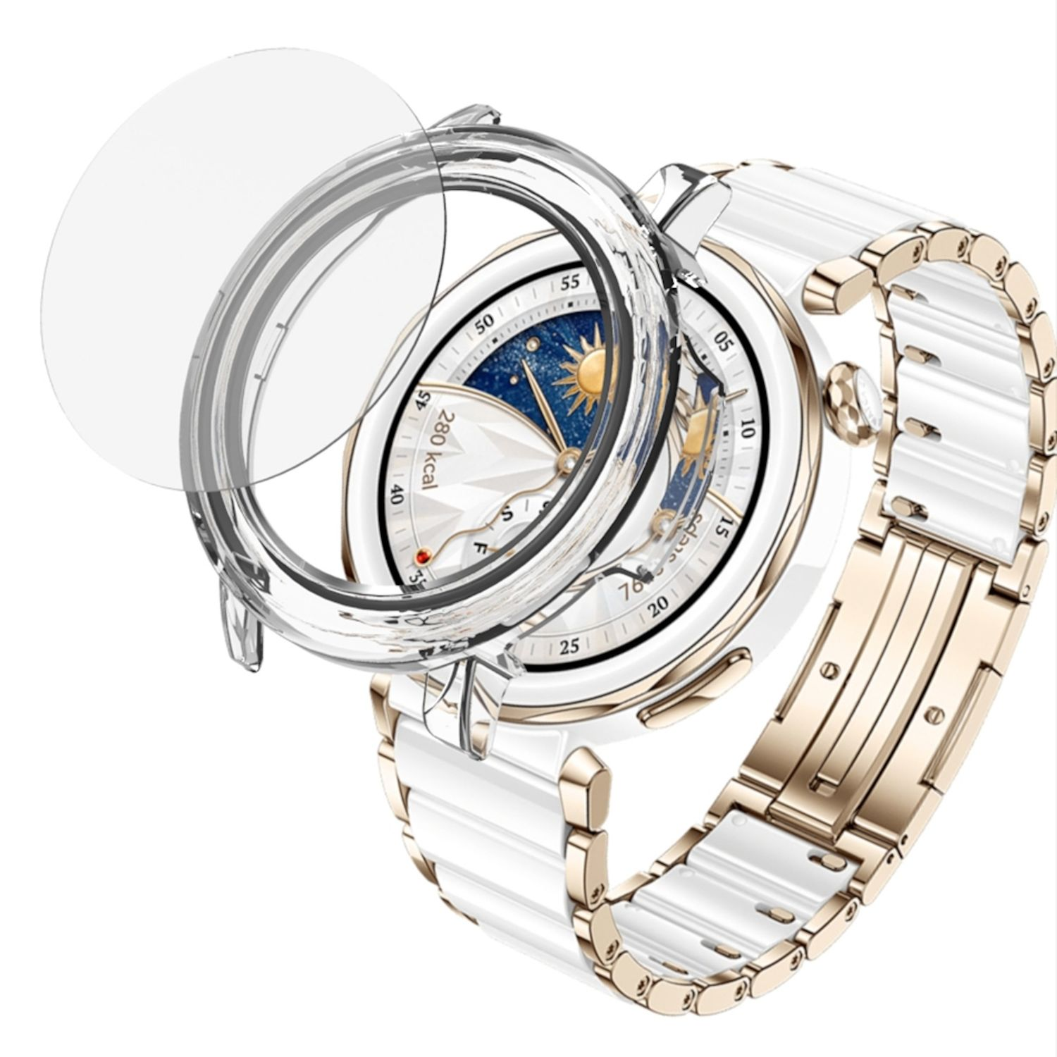 Smartwatch mit goldenen und weißen Elementen. Eine transparente Displayschutzfolie wird angebracht.
