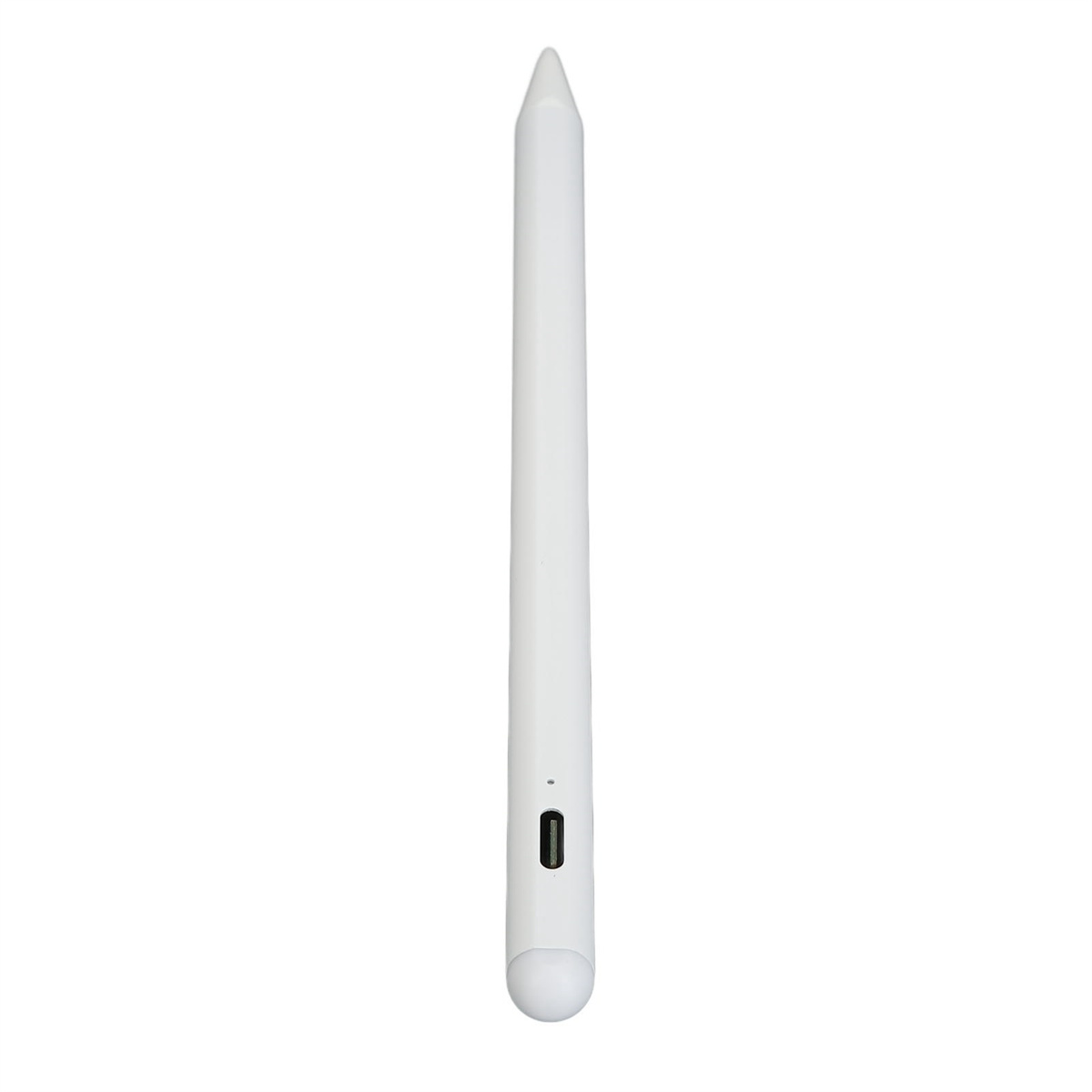 Ein weißer Eingabestift, aufrecht stehend. Verfügt über einen Ladeanschluss an der Unterseite.