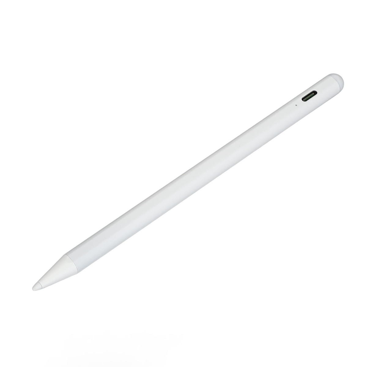 Weißer Apple Pencil liegt diagonal. Schlichtes, klares Design, mit Ladeanschluss oben.