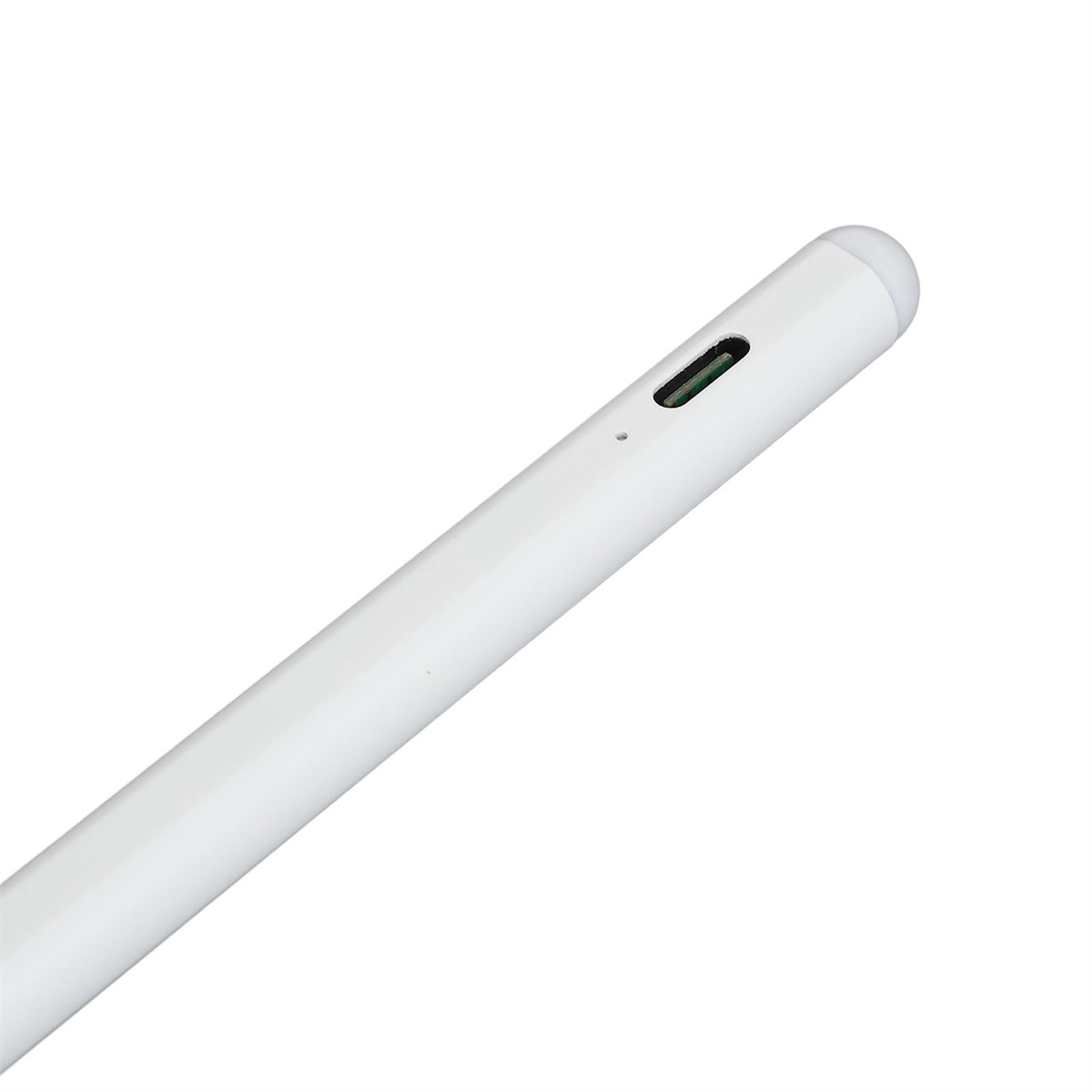 Weißer Stift. Schlankes Design. Hat einen kleinen, schwarzen Anschluss und ein Licht an der Spitze.