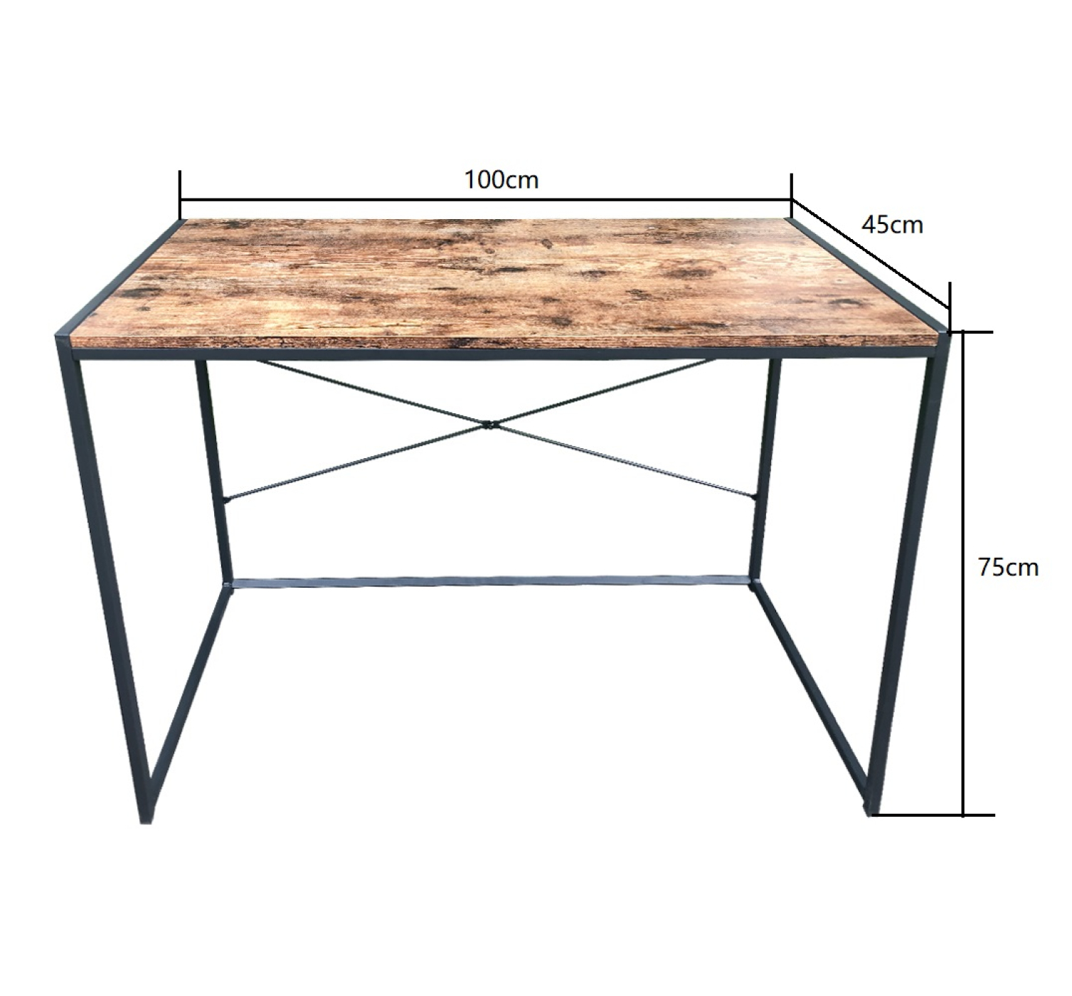 Holztisch mit schwarzen Beinen. Maße sind beschriftet: 100cm x 45cm x 75cm.