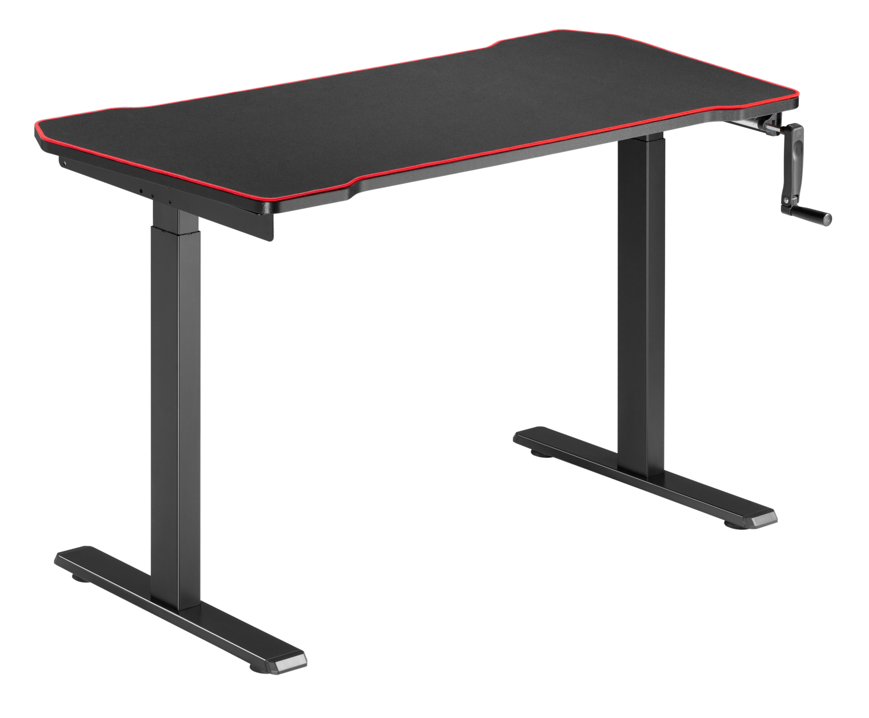 Ein schwarzer Gaming-Schreibtisch mit roter Umrandung. Er hat eine Kurbel und einen schwarzen Rahmen.