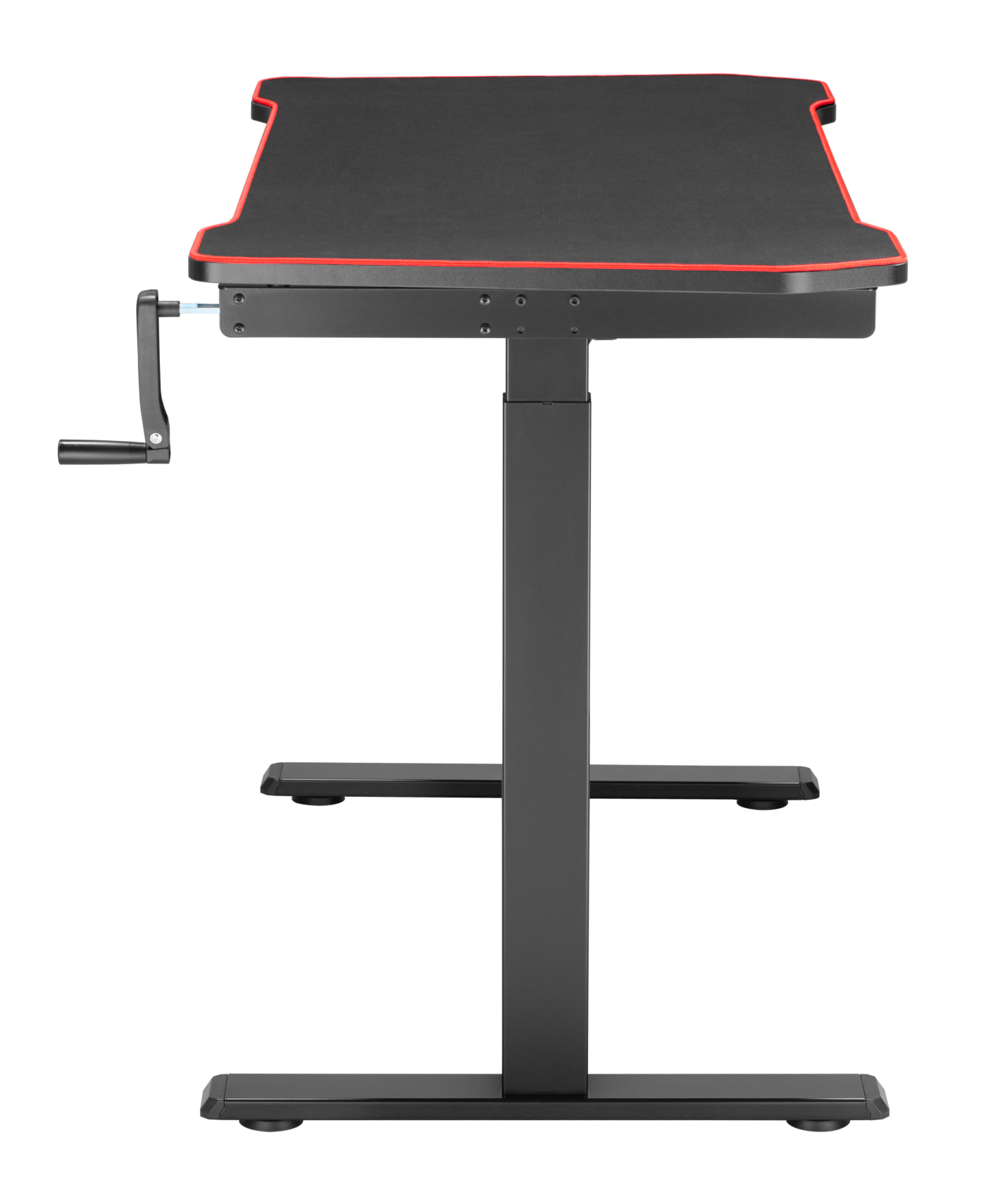 Schwarzer und roter Gaming-Schreibtisch mit Kurbel, auf weißem Hintergrund.