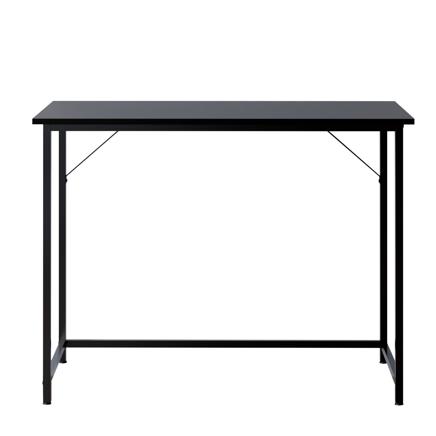 Zwart bureau met zwarte poten, witte achtergrond.