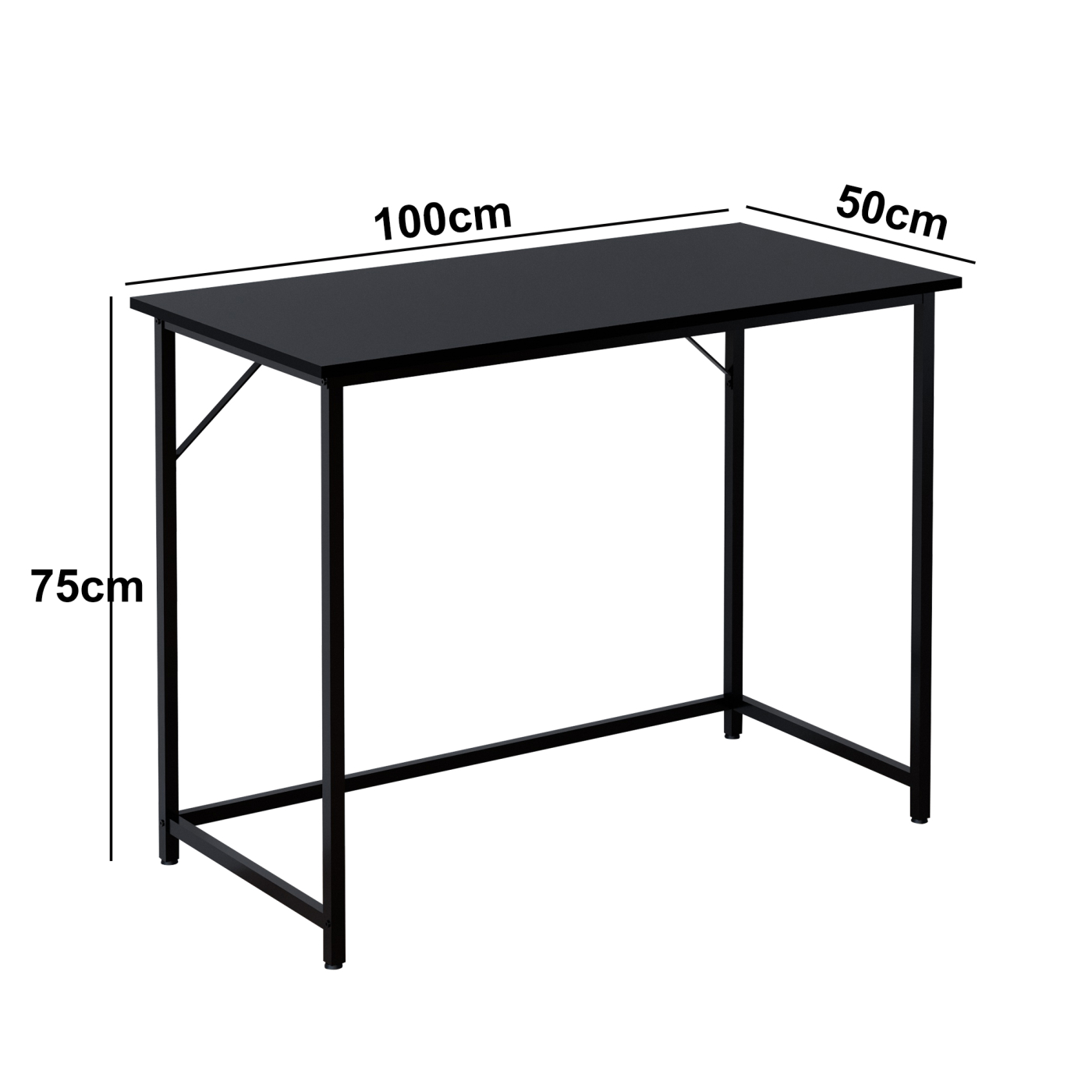 Een zwart bureau met afmetingen, 100cm x 50cm x 75cm. Zwarte metalen poten.