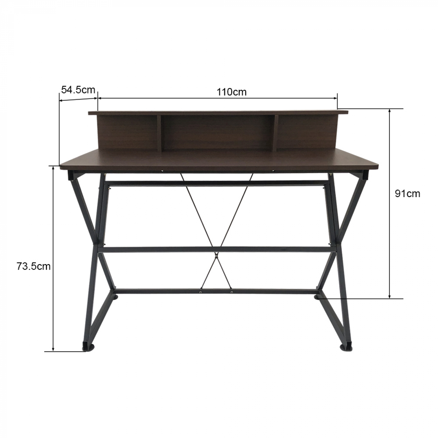 Bruin houten bureau met afmetingen. Zwarte metalen poten ondersteunen de structuur.