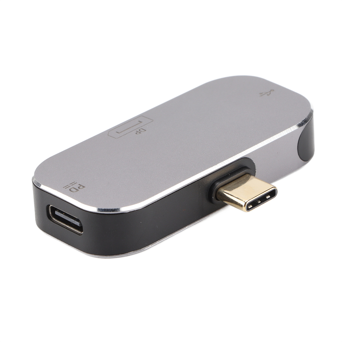 Silberner und schwarzer USB-C-Hub. Er hat mehrere Anschlüsse, darunter einen DP und einen SD-Kartenleser.