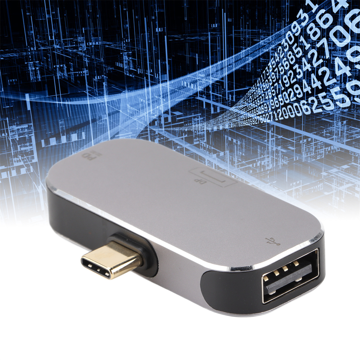 Ein silberner und schwarzer USB-C-Hub mit USB-Anschluss und datenähnlichem Hintergrund.