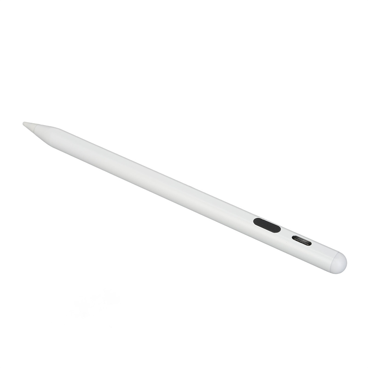 Ein weißer Stift mit abgerundeter Spitze. Er hat zwei schwarze Knöpfe an der Seite.