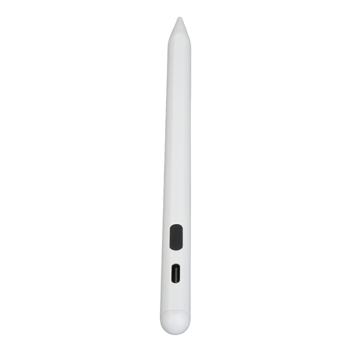 Weißer Eingabestift mit zwei Knöpfen. Der Stift ist schlicht und auf weißem Hintergrund.