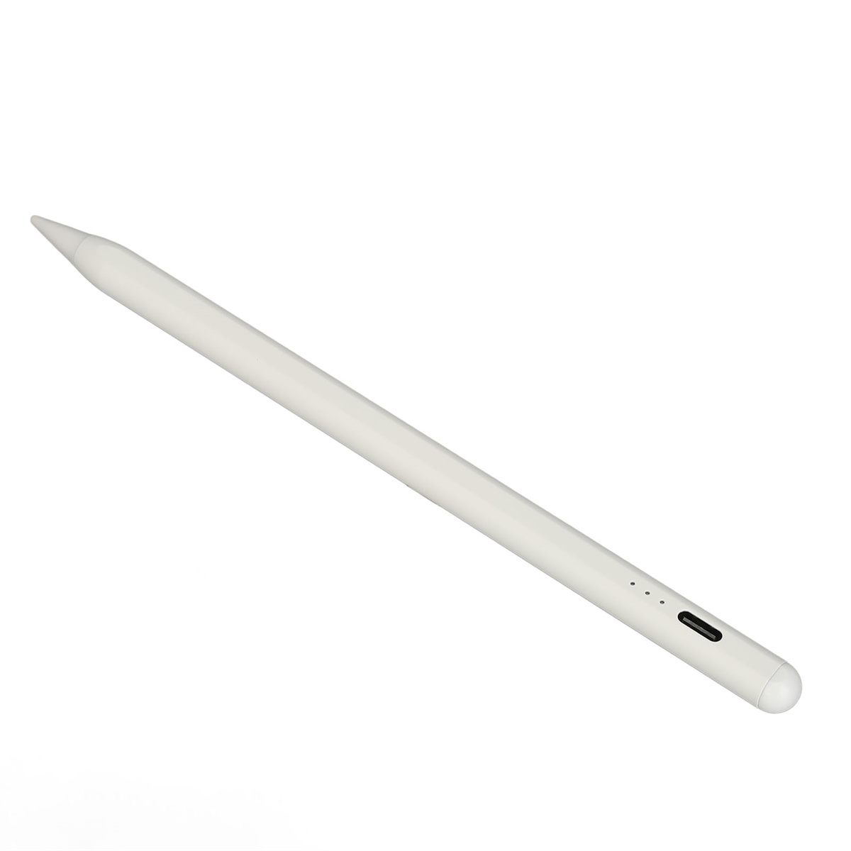 Weißer Eingabestift mit schwarzer Taste, Winkelansicht auf weißem Hintergrund.