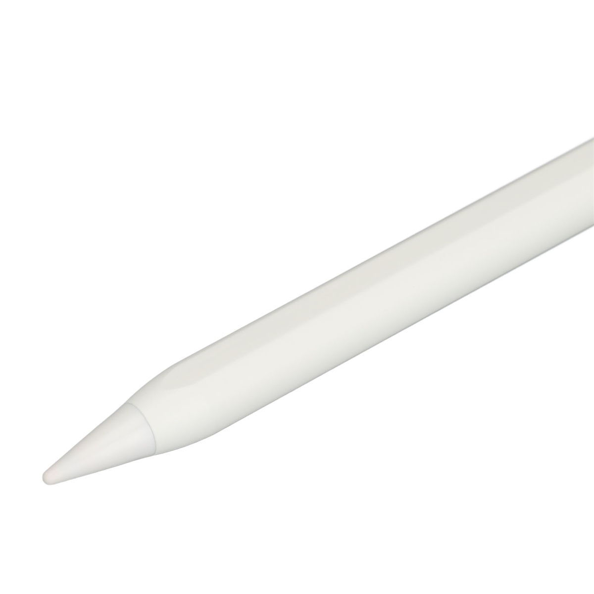 Weißer Apple Pencil, ein Eingabestift mit spitzer Spitze, freigestellt auf weißem Grund.