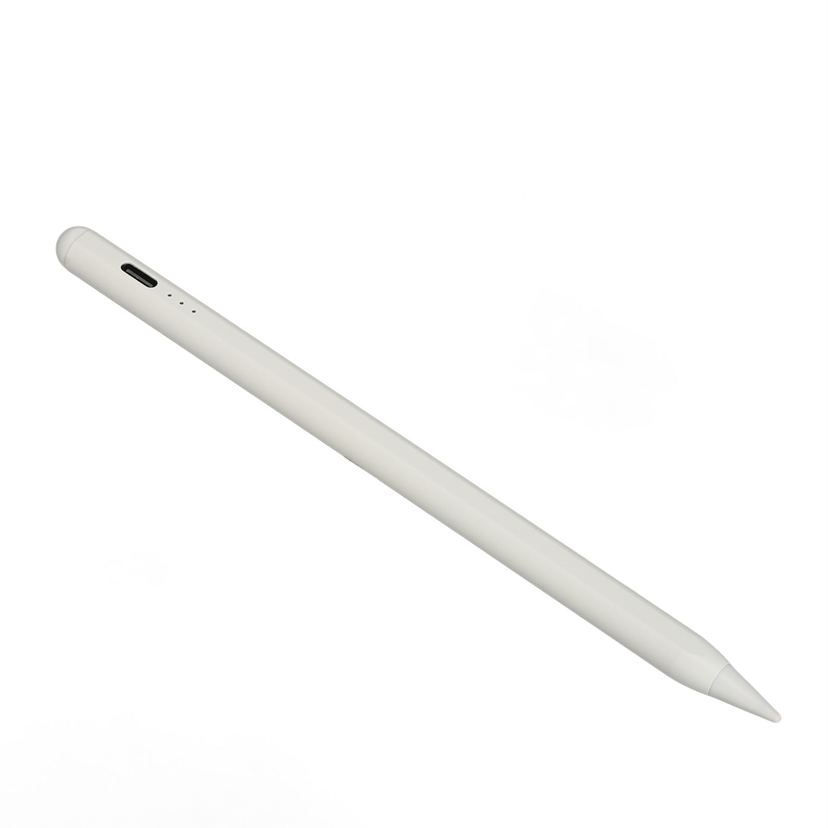 Weißer Eingabestift, abgewinkelt auf weißem Hintergrund. Mit Knopf und Ladepunkten.