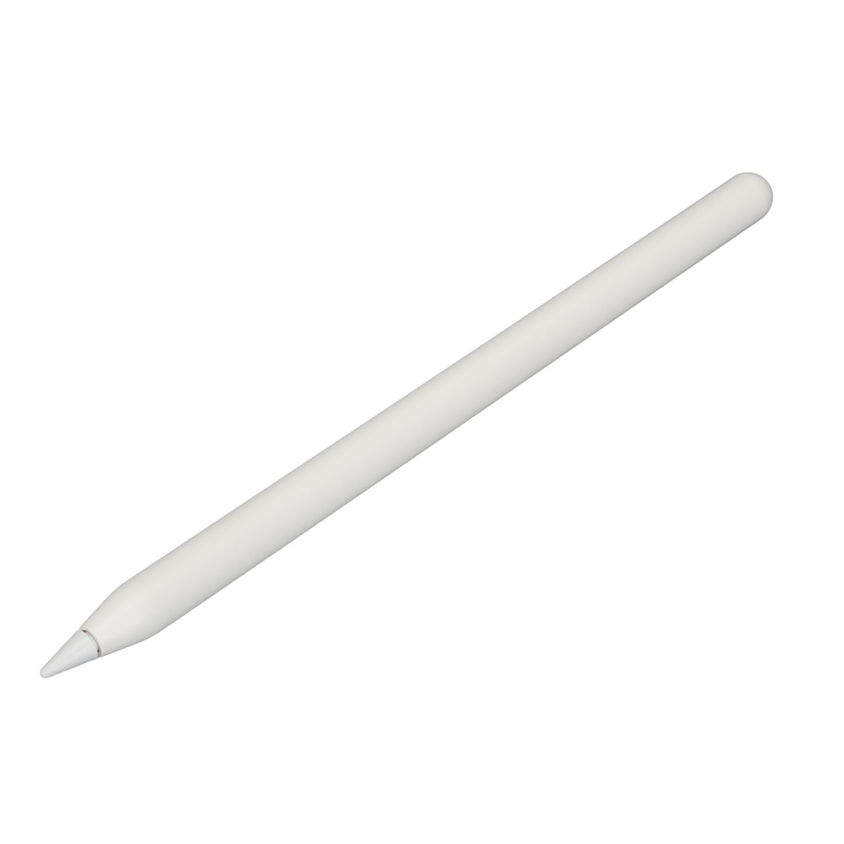 Ein weißer Apple Pencil liegt auf weißem Hintergrund. Der Stift ist von links oben nach rechts unten geneigt.