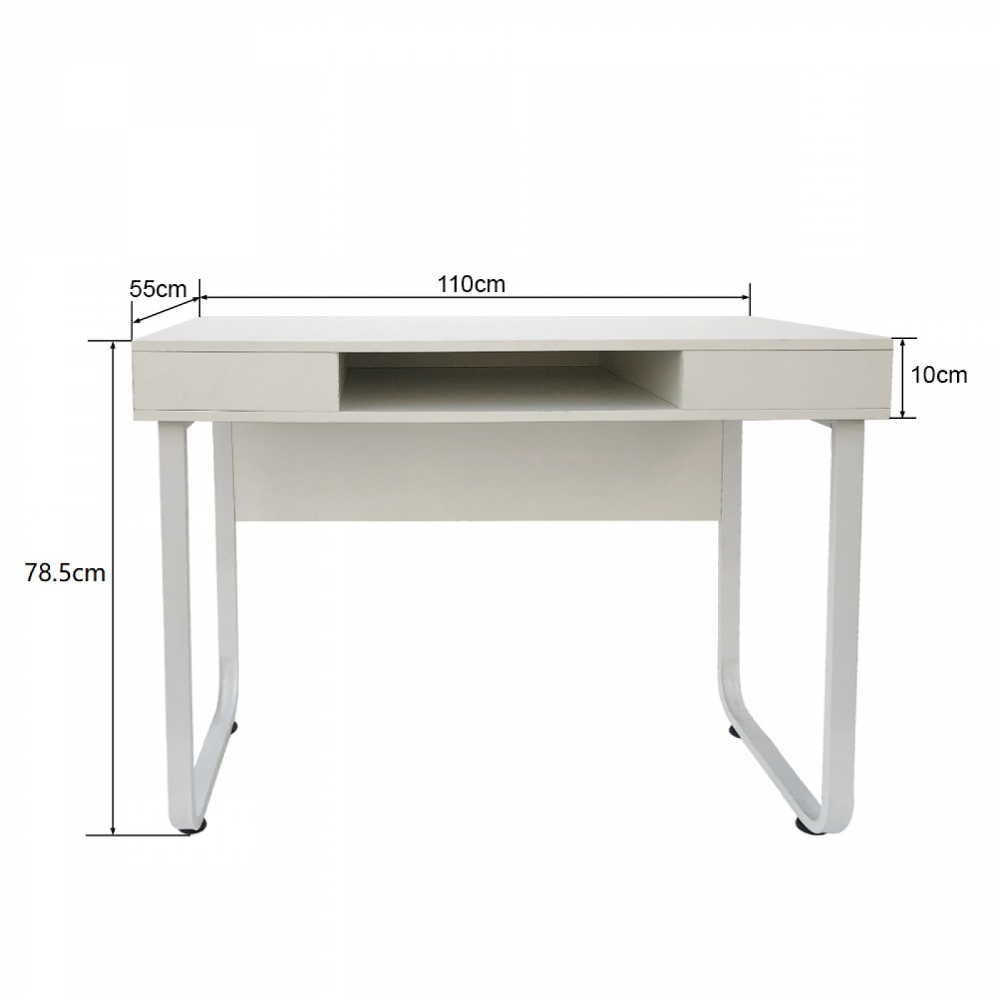 Een witte bureau met afmetingen op een witte achtergrond.