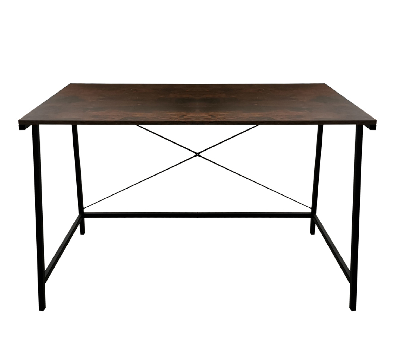 Ein brauner Holzschreibtisch mit schwarzen Metallbeinen auf weißem Hintergrund.