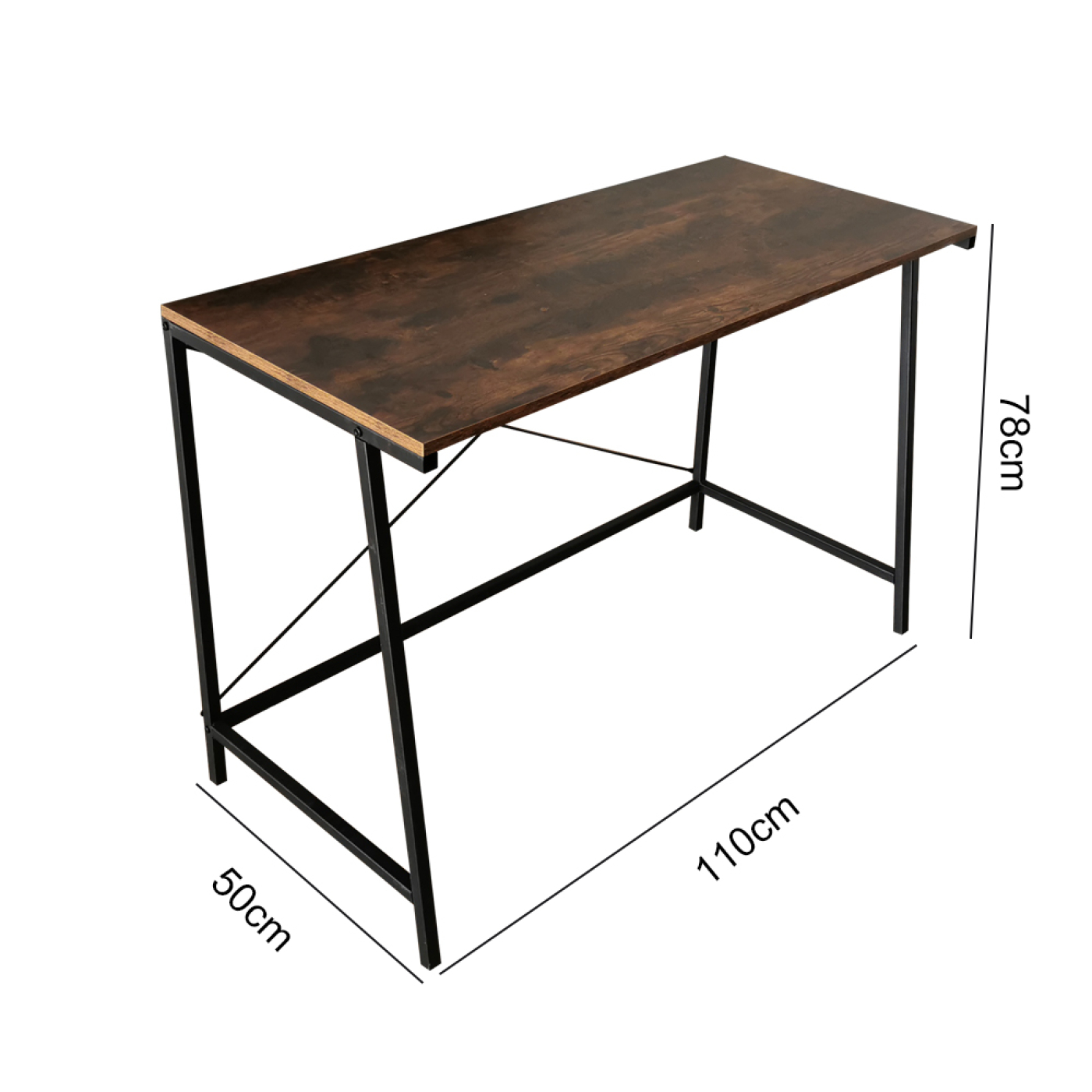 Holzschreibtisch, braune Platte, schwarzes Metallgestell und Abmessungen.
