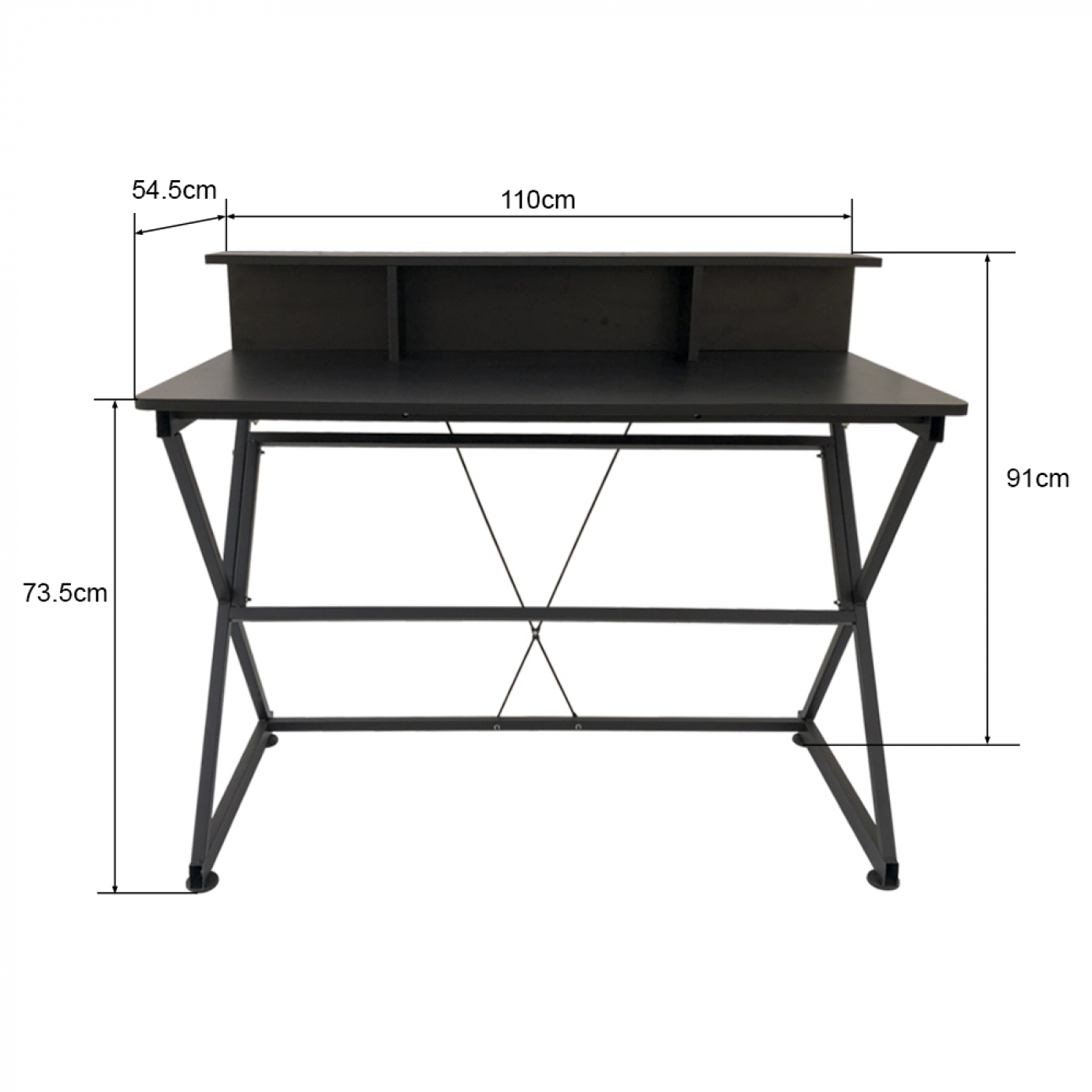 Zwarte computerbureau met meetlabels. Het bureau heeft een plank en metalen poten.
