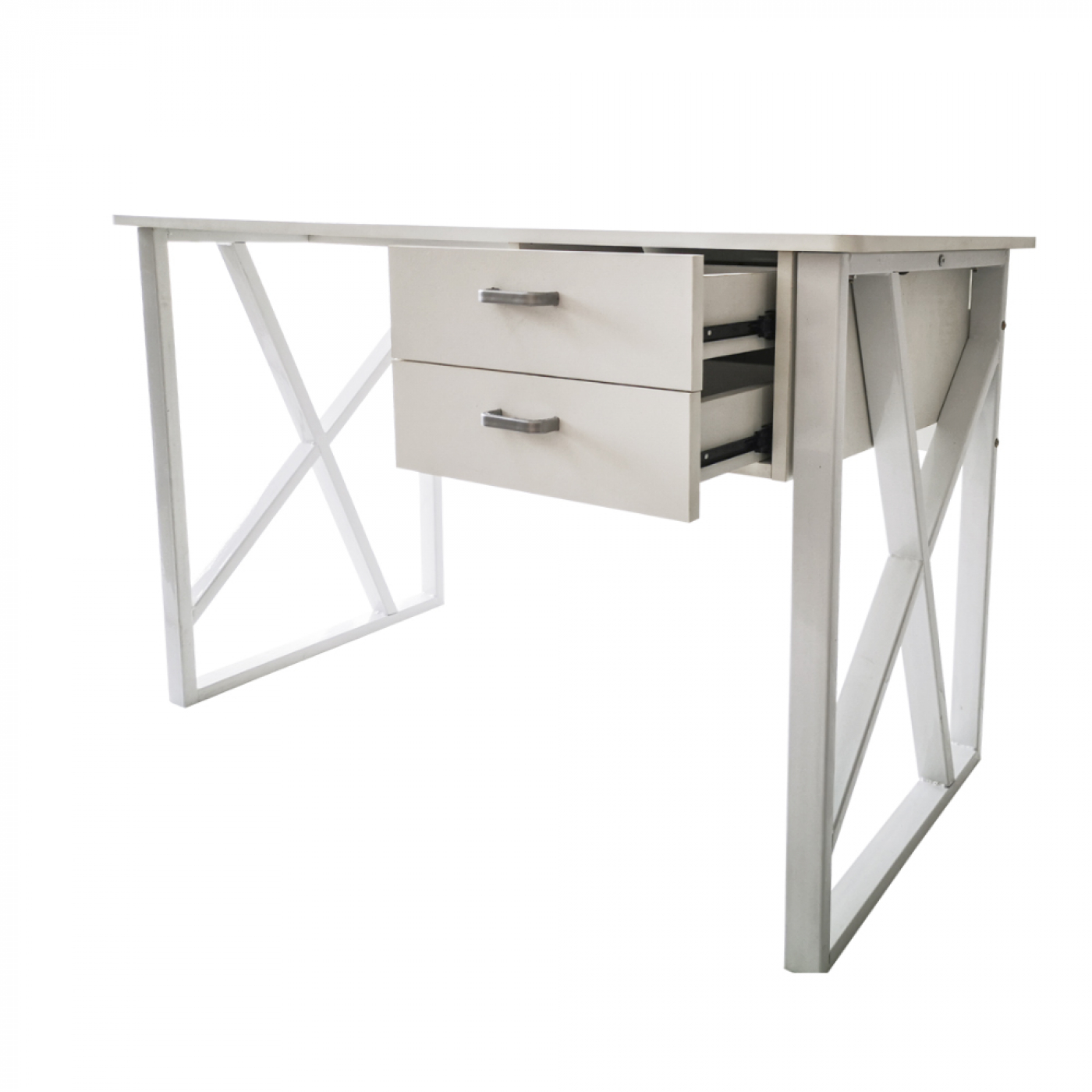 Witte bureau met twee open laden, metalen frame, wit tafelblad en witte achtergrond.