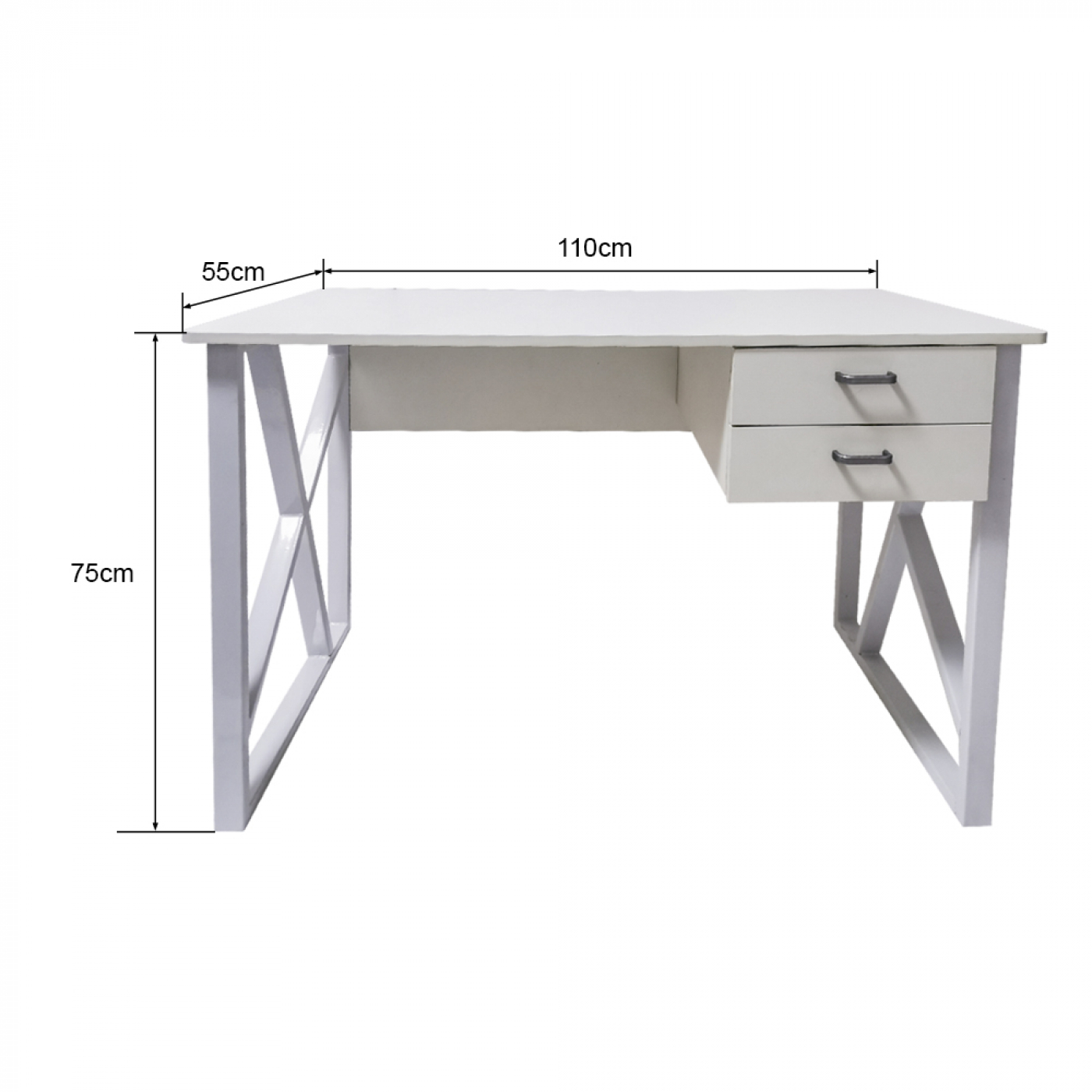 Een witte bureau met laden en afmetingen: 55 cm x 75 cm x 110 cm, op een witte achtergrond.