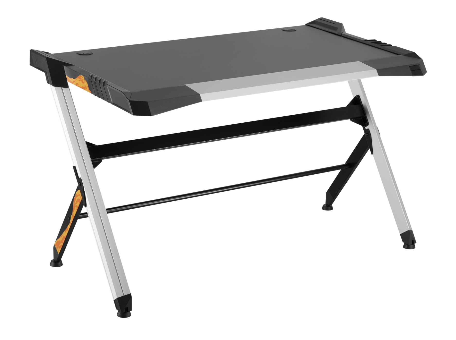 Ein schwarz-grauer Gaming-Schreibtisch mit schrägem Design und Metallbeinen, auf weißem Hintergrund.