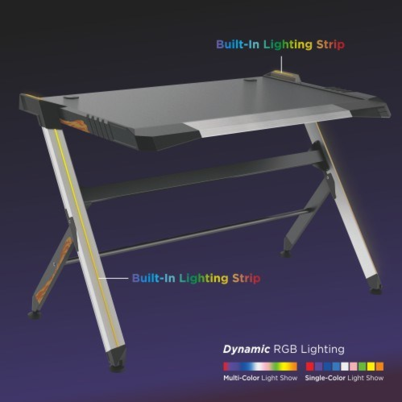 Gaming-Schreibtisch mit RGB-Beleuchtung. Silberner Rahmen mit schwarzen Akzenten. Eingebaute Lichtleisten.