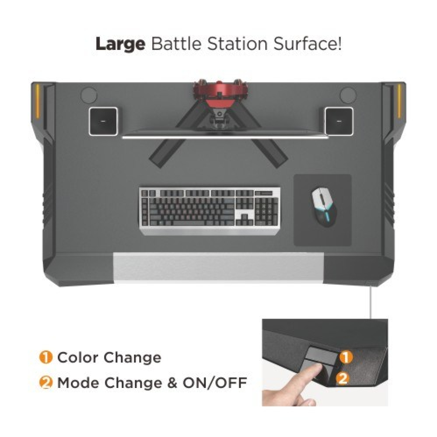 Draufsicht auf einen Gaming-Schreibtisch mit Tastatur, Maus, Monitor und Bedienfeld mit Modus- und Farboptionen.