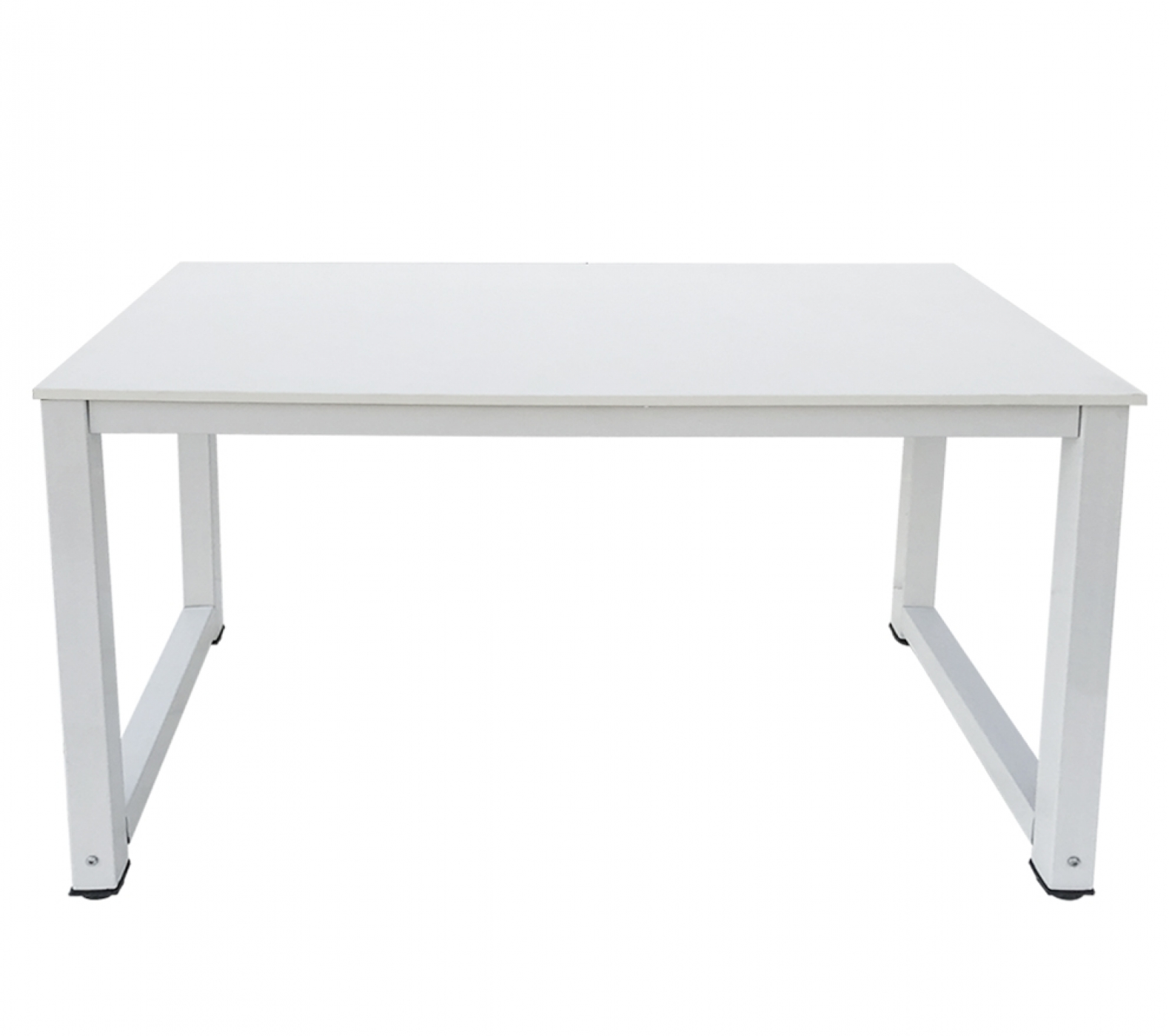 Ein weißer Tisch mit weißem Rahmen und vier Beinen. Es ist ein einfaches, minimalistisches Design.