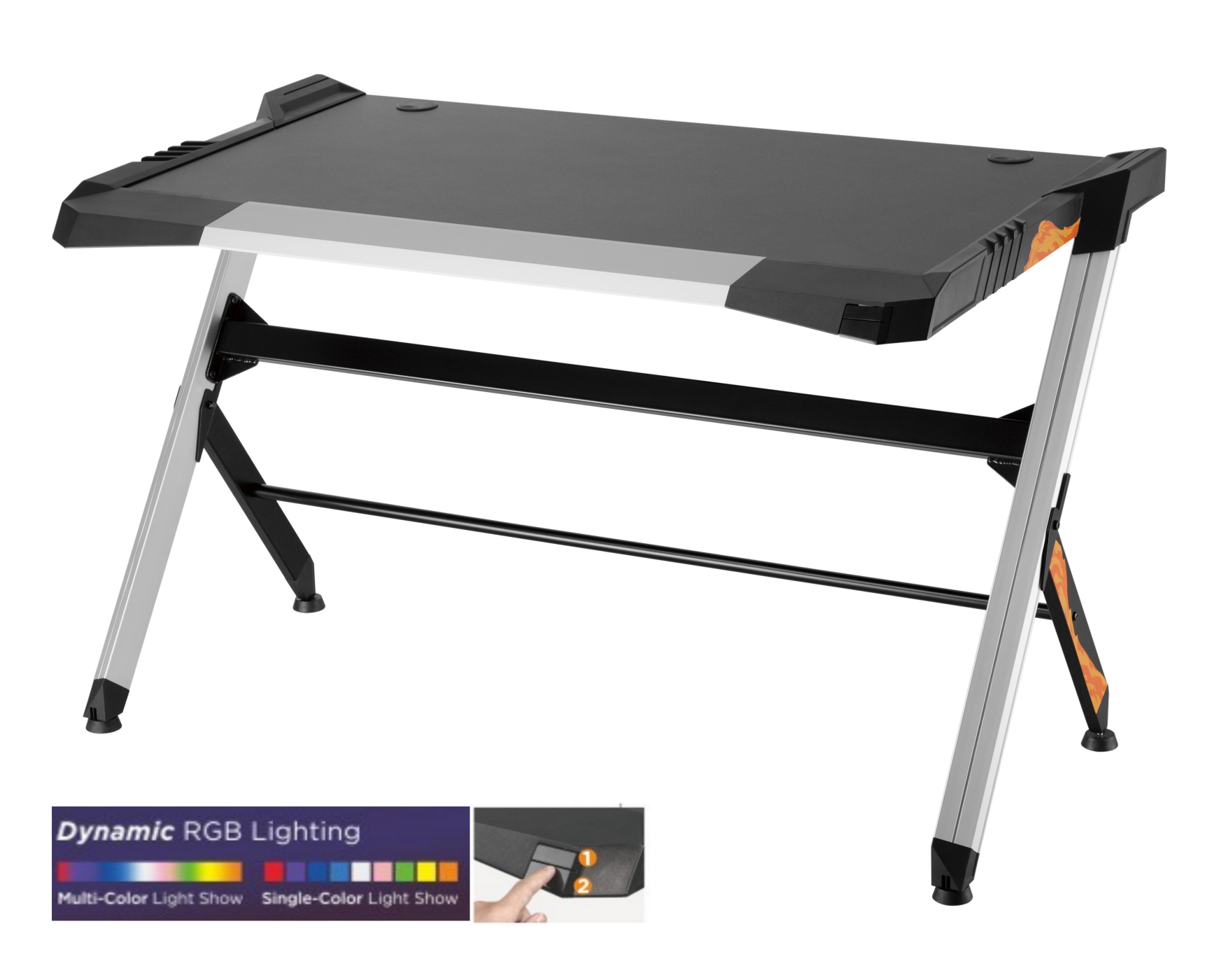 Gaming-Schreibtisch, schwarz mit RGB-Beleuchtung, silberne Beine.