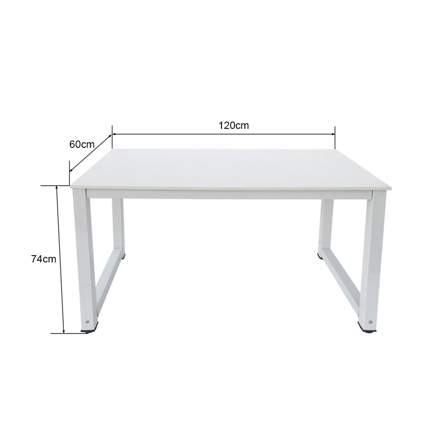 Weißer Tisch mit Metallbeinen, Maße sind 120 cm x 60 cm x 74 cm, mit Pfeilen, die die Größe angeben.