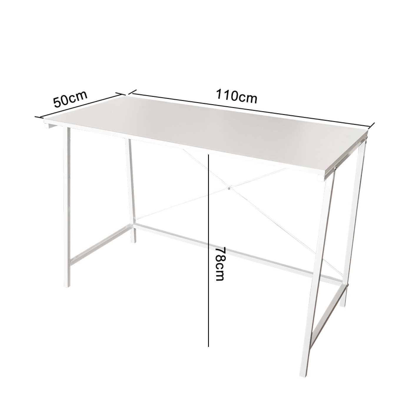 Weißer Schreibtisch mit den Maßen 50cm x 110cm x 78cm.