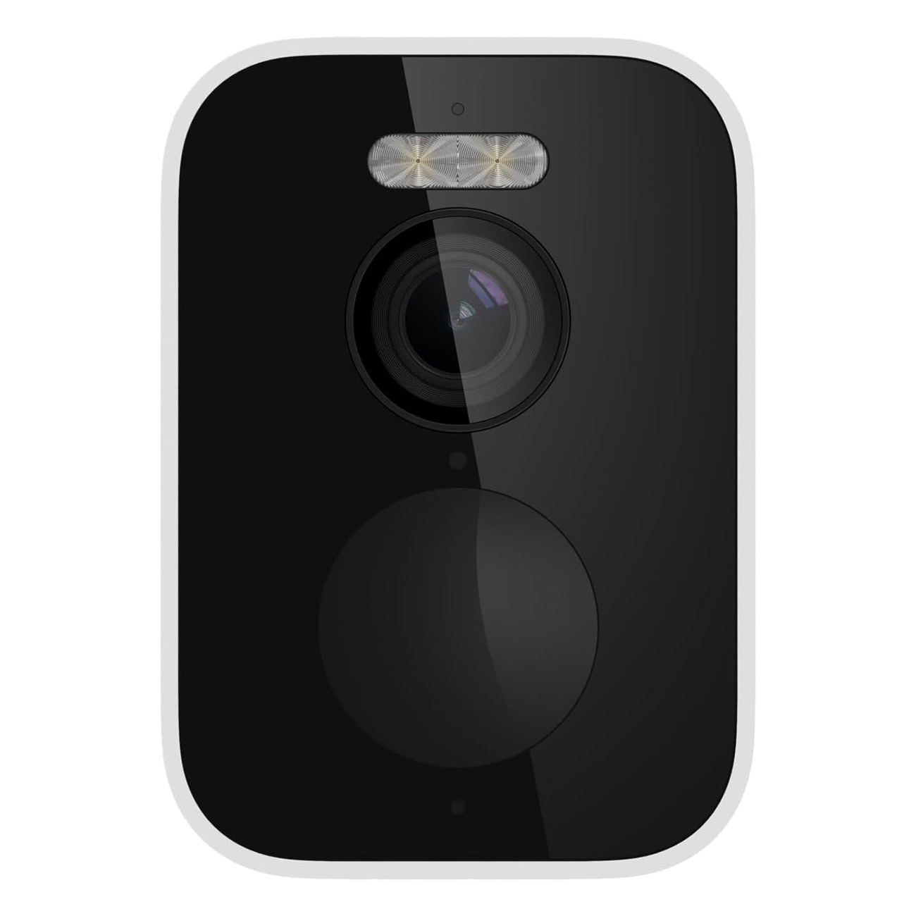 Czarna kamera bezpieczeństwa z białą ramką. Ma obiektyw i głośnik. Nowoczesny design, prosty.