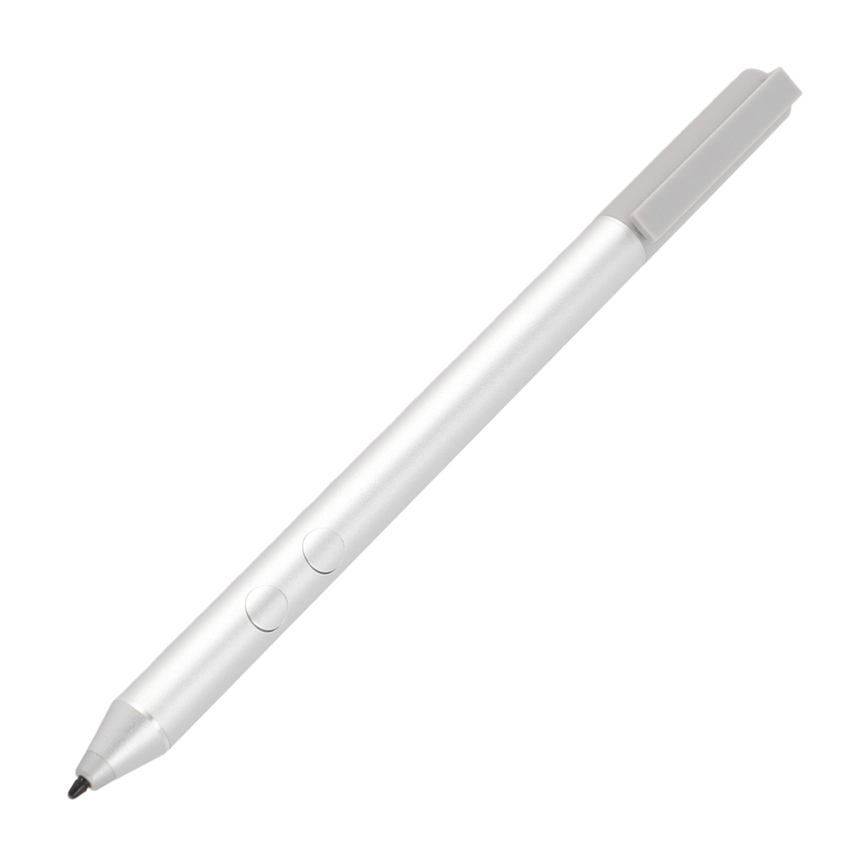 Silberner Stift. Er hat Knöpfe und einen grauen Deckel.
