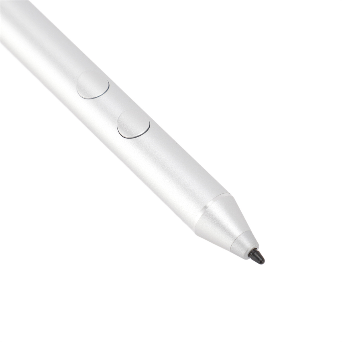 Ein silberner Stift mit zwei Knöpfen und schwarzer Spitze auf weißem Grund.