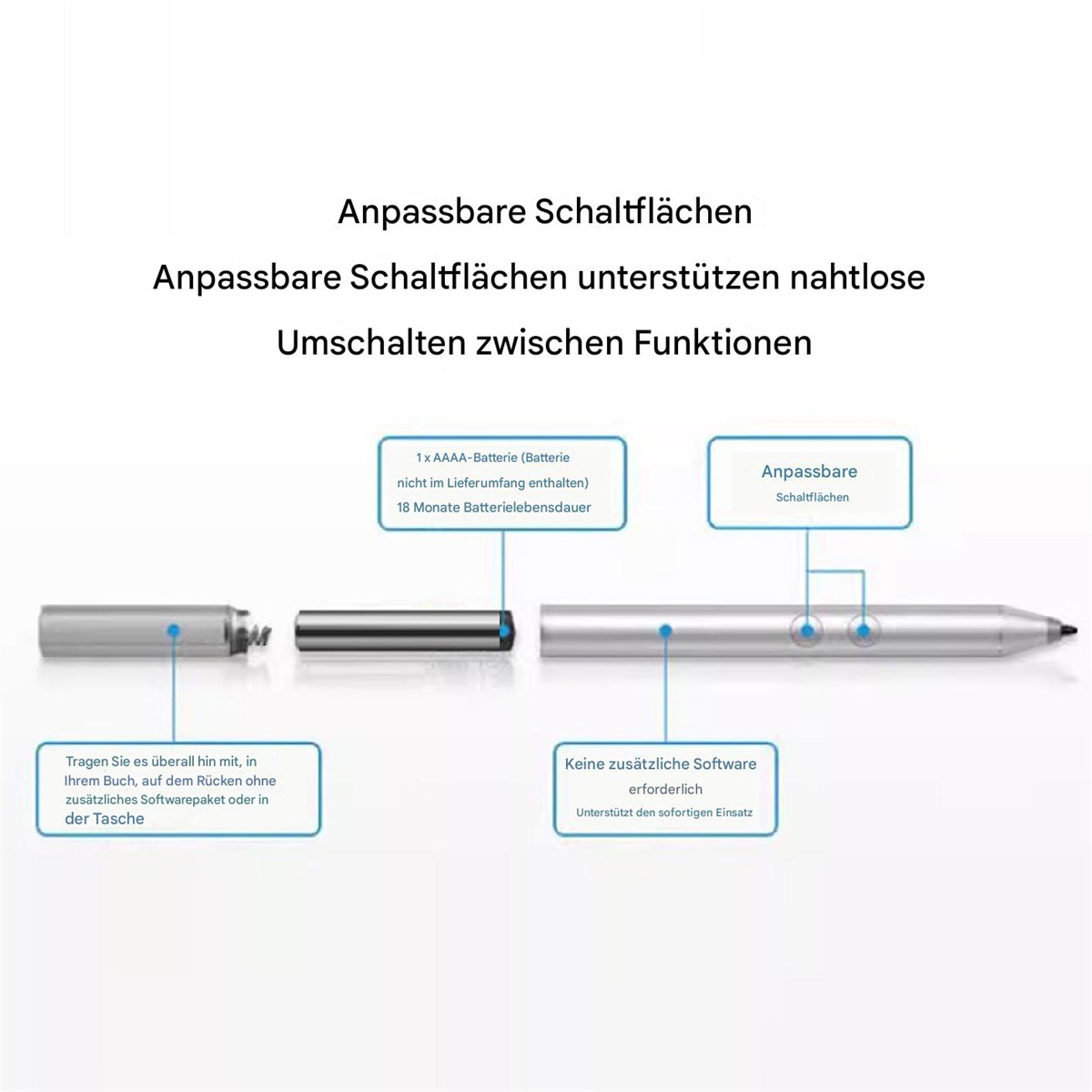 Diagramm, das einen Stift mit beschrifteten einstellbaren Tasten und einer Batterie zeigt. Enthält Text über Software.