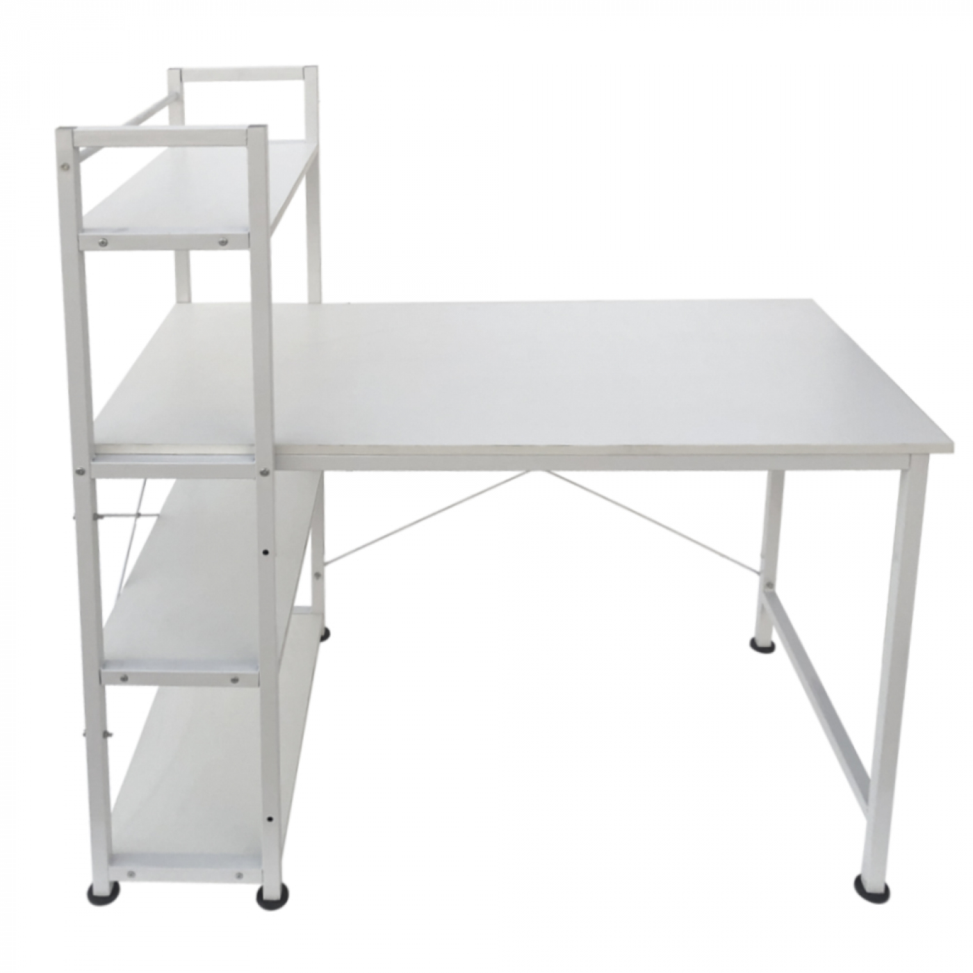 Witte bureau met een plank aan de linkerkant. Het bureau heeft metalen poten.