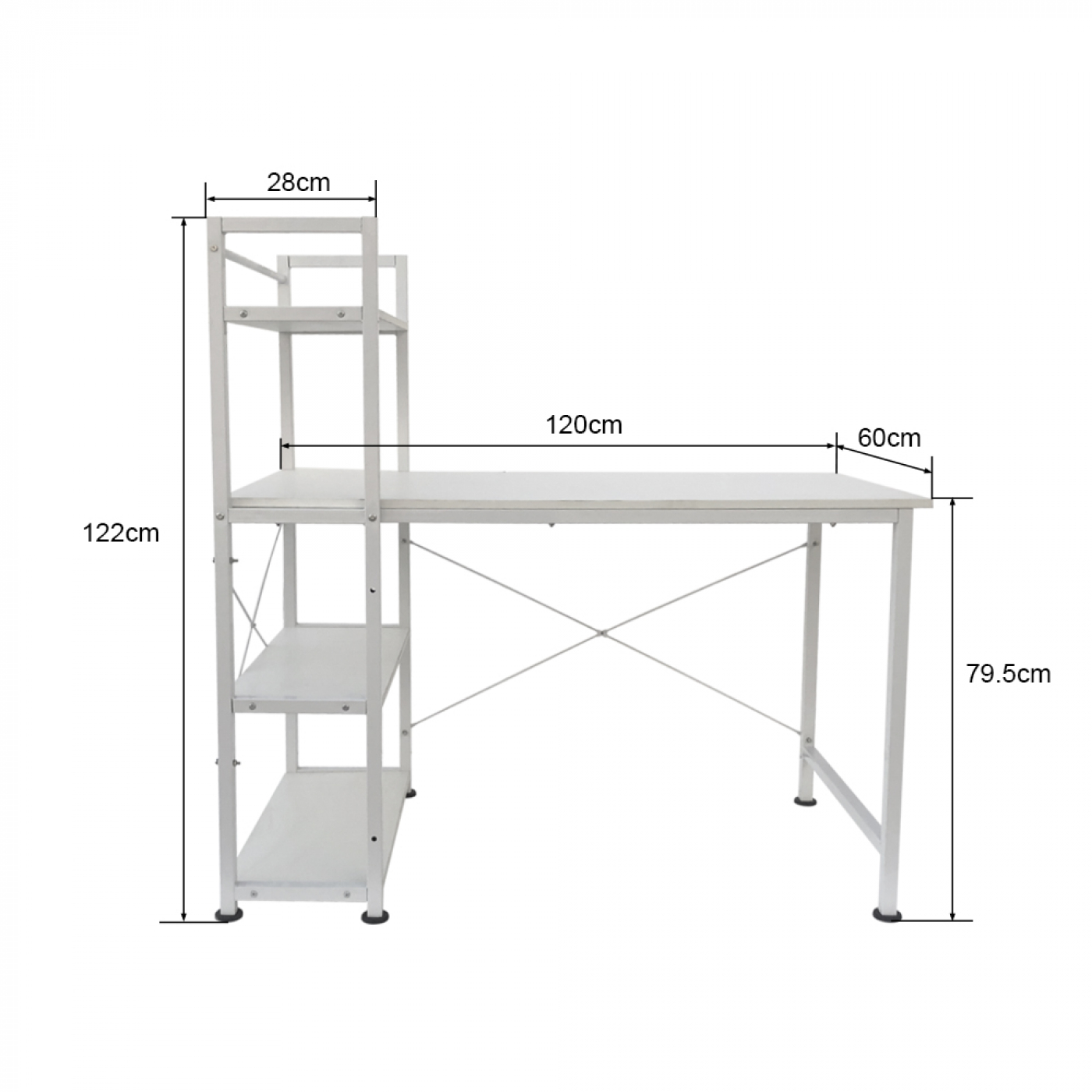 Witte bureau met planken, met afmetingen. 120 cm lang, 60 cm breed, 122 cm hoog.