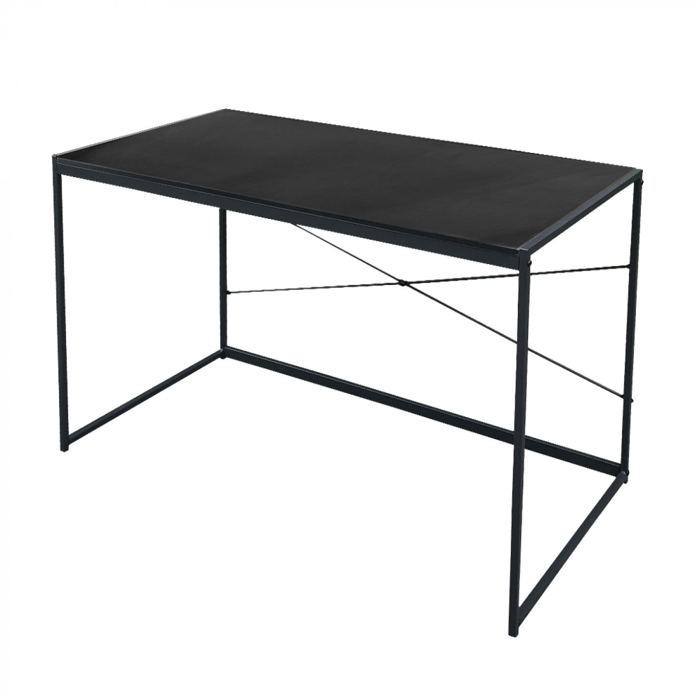 Een zwart bureau met een metalen frame. Het frame heeft een rechthoekige bovenkant en schuine poten.