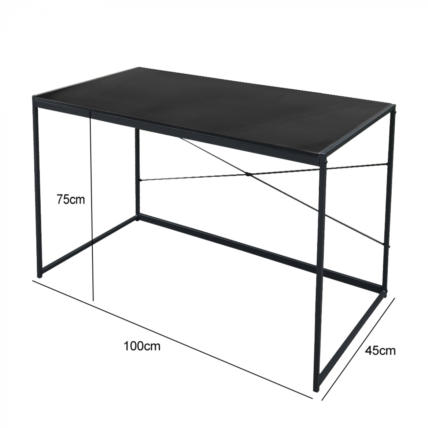 Zwart bureau met metalen poten, afmetingen zijn 100cm x 45cm x 75cm, met pijlen die de grootte aangeven.