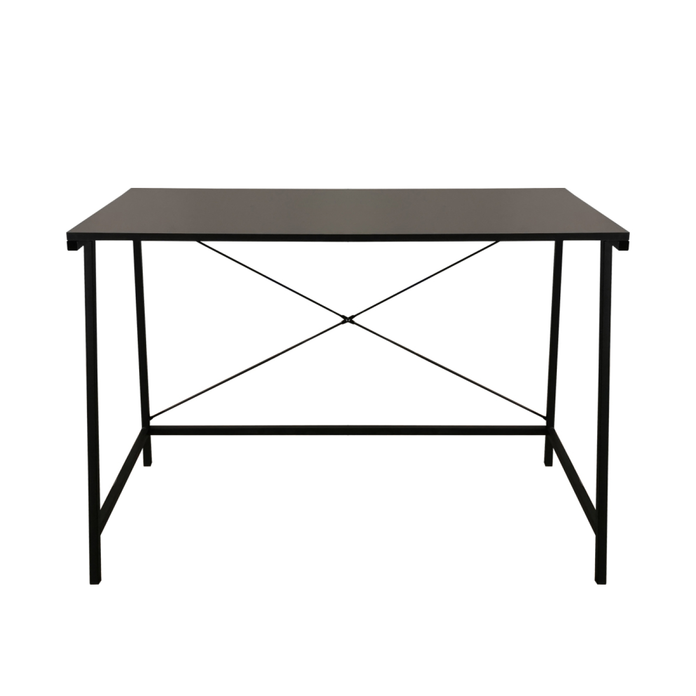 Ein schwarzer Schreibtisch mit schwarzen Beinen, ein einfaches und minimalistisches Design, isoliert auf weißem Hintergrund.