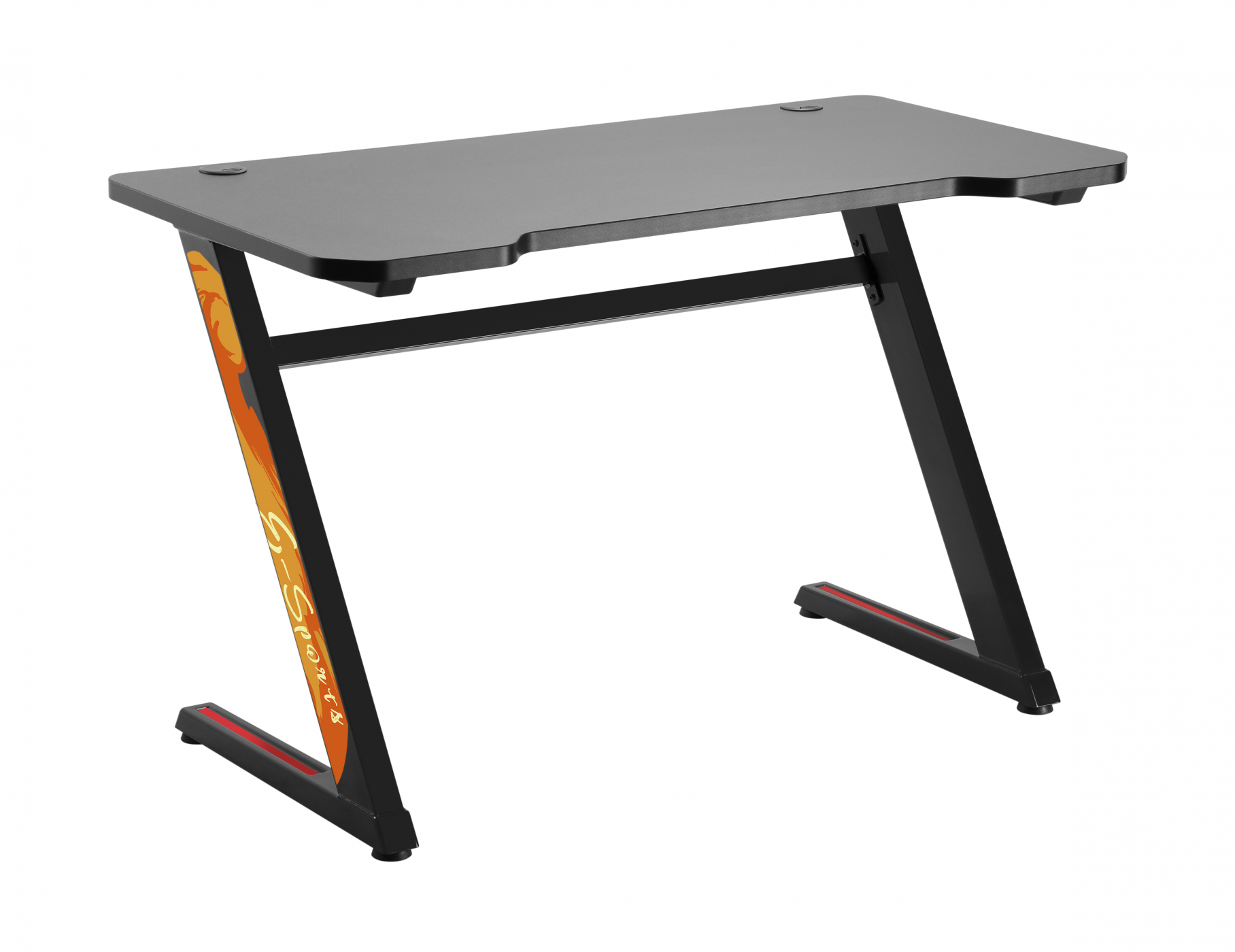 Ein schwarzer Gaming-Schreibtisch mit orangefarbenen Akzenten und Z-förmigem Beindesign.