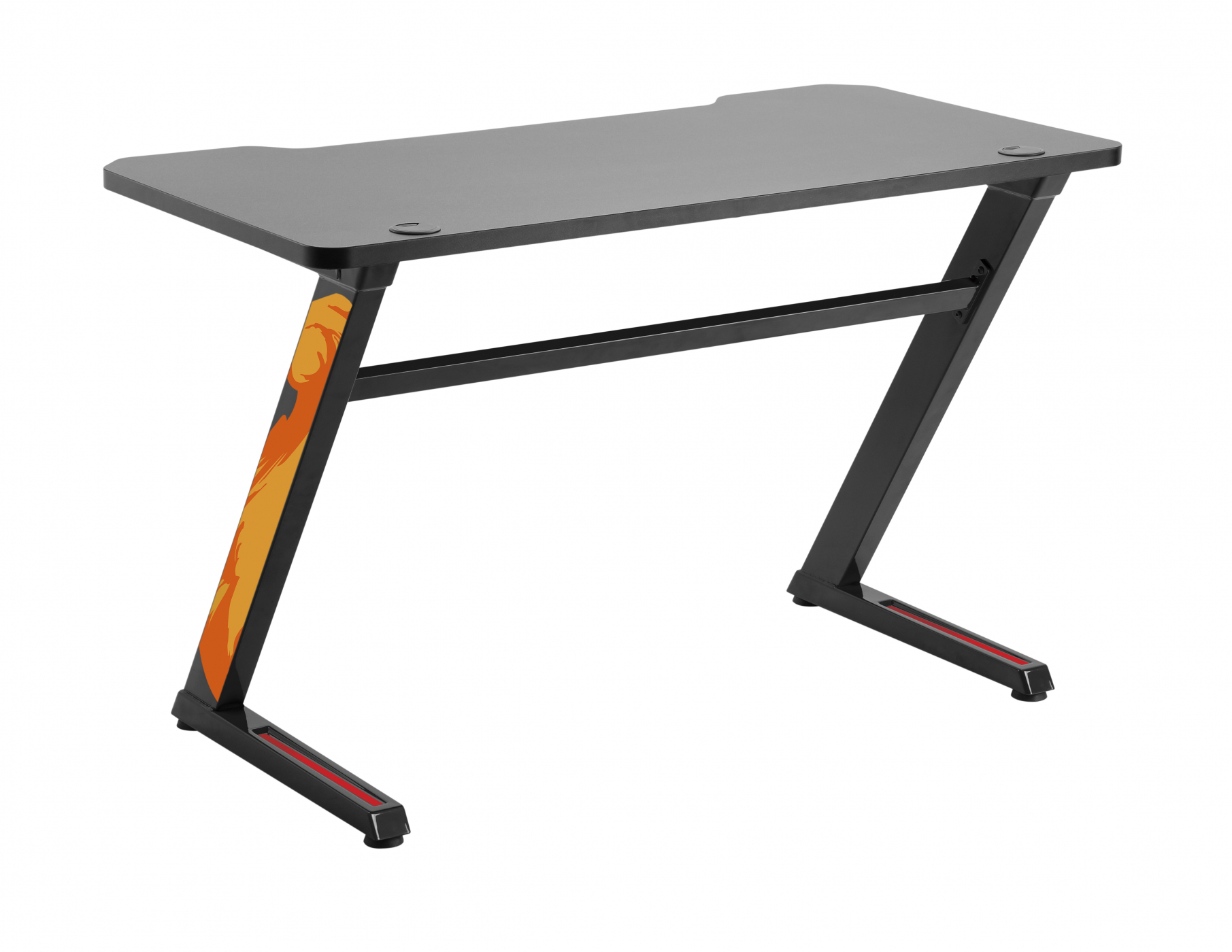 Schwarzer Gaming-Schreibtisch mit orangefarbenem Design an den Beinen.