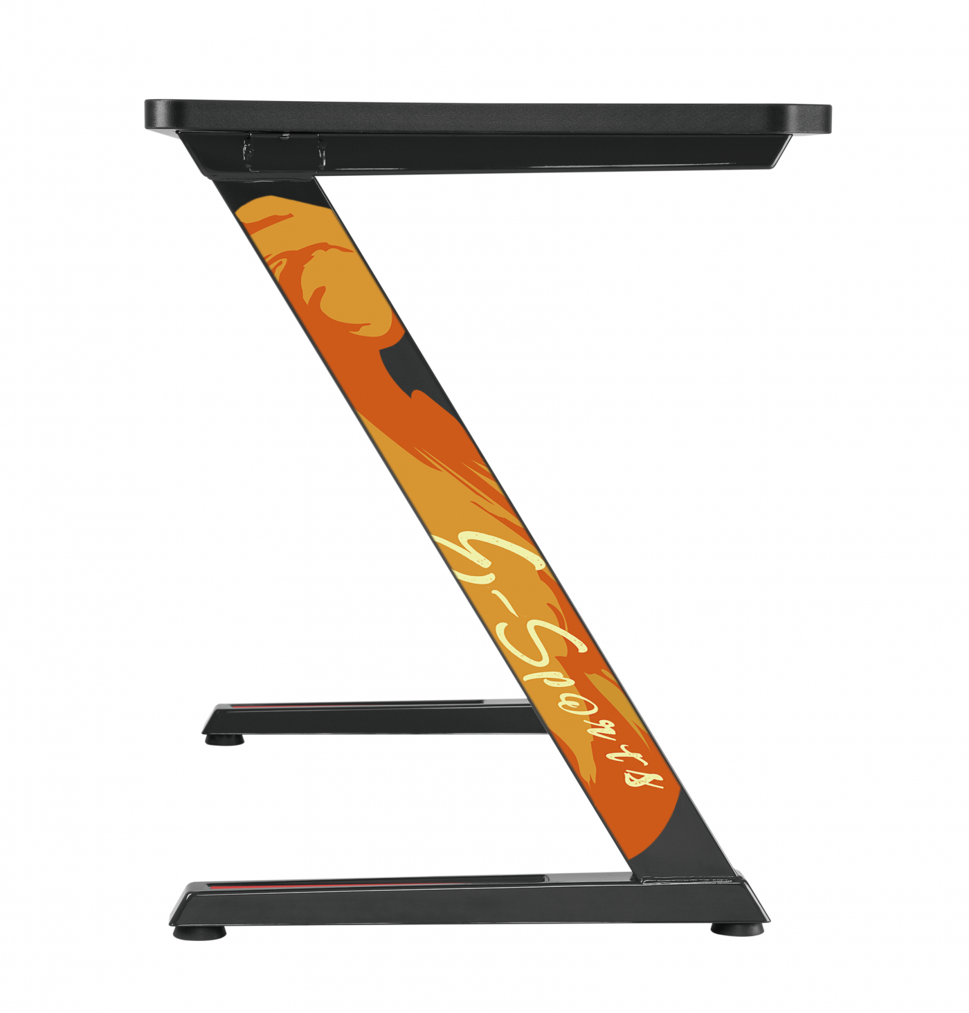 Schwarz-orangener Z-förmiger Gaming-Schreibtisch, abgewinkelt auf weißem Hintergrund.