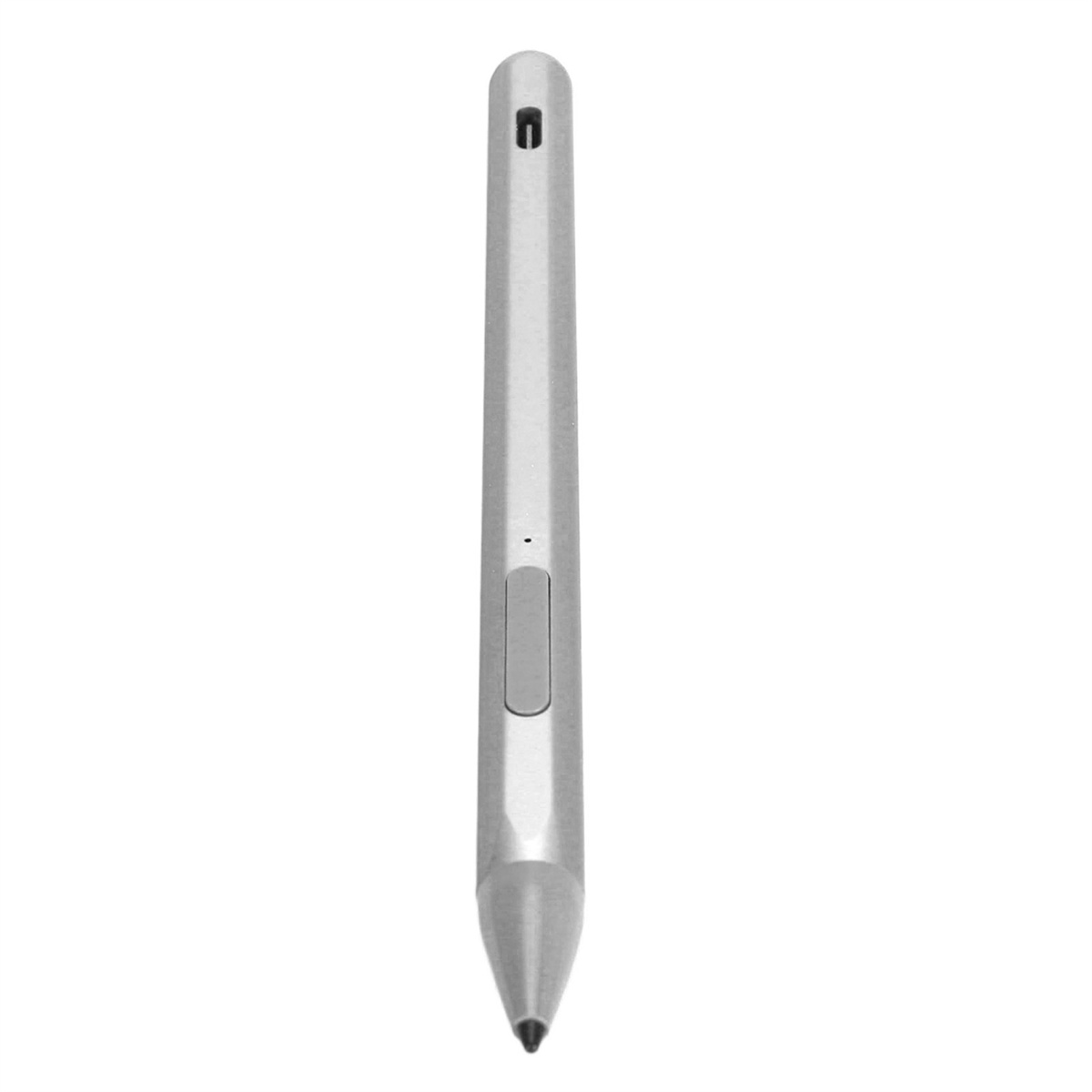 Ein silberner Eingabestift, entworfen mit einem schlanken, länglichen Körper, perfekt für digitales Notieren oder Zeichnen.