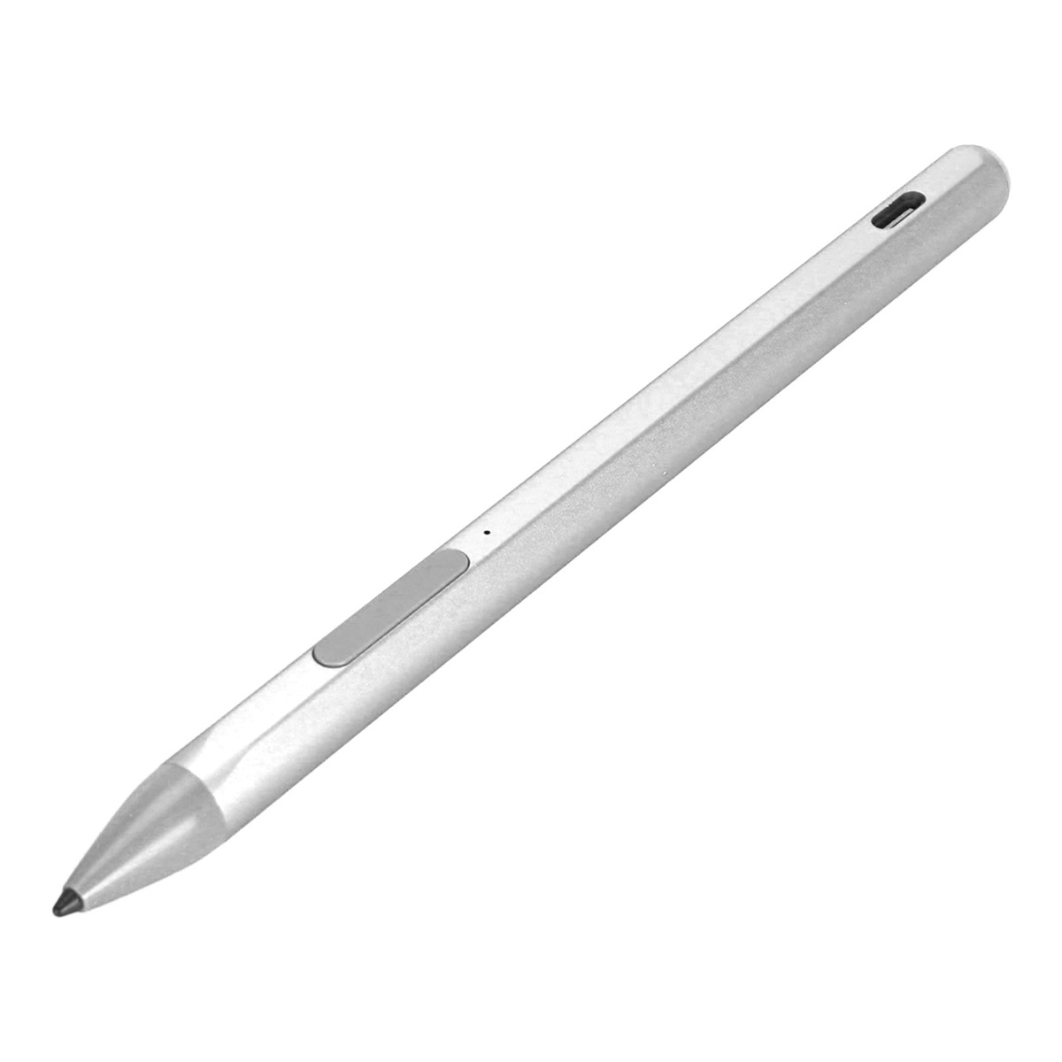 Silberner Eingabestift mit grauer Taste, isoliert auf weißem Hintergrund.