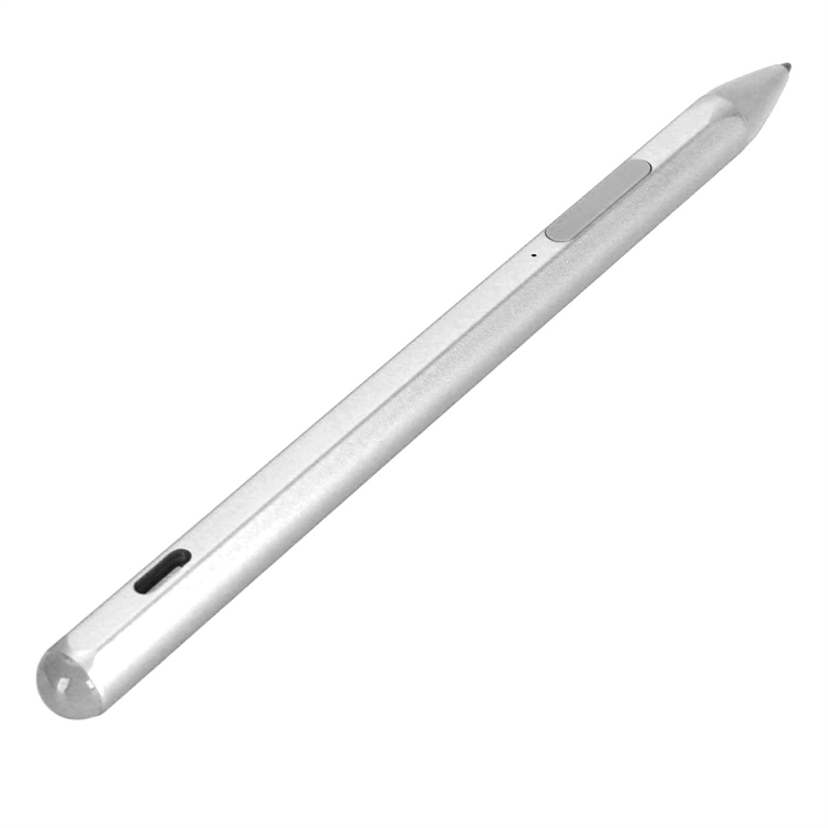 Silberner Stift auf weißem Grund. Er hat einen Knopf und eine Spitze.