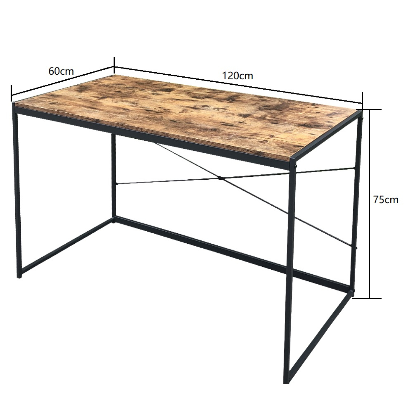 Een bureau met bruin blad en zwarte poten, met afmetingen: 120cm, 60cm en 75cm.