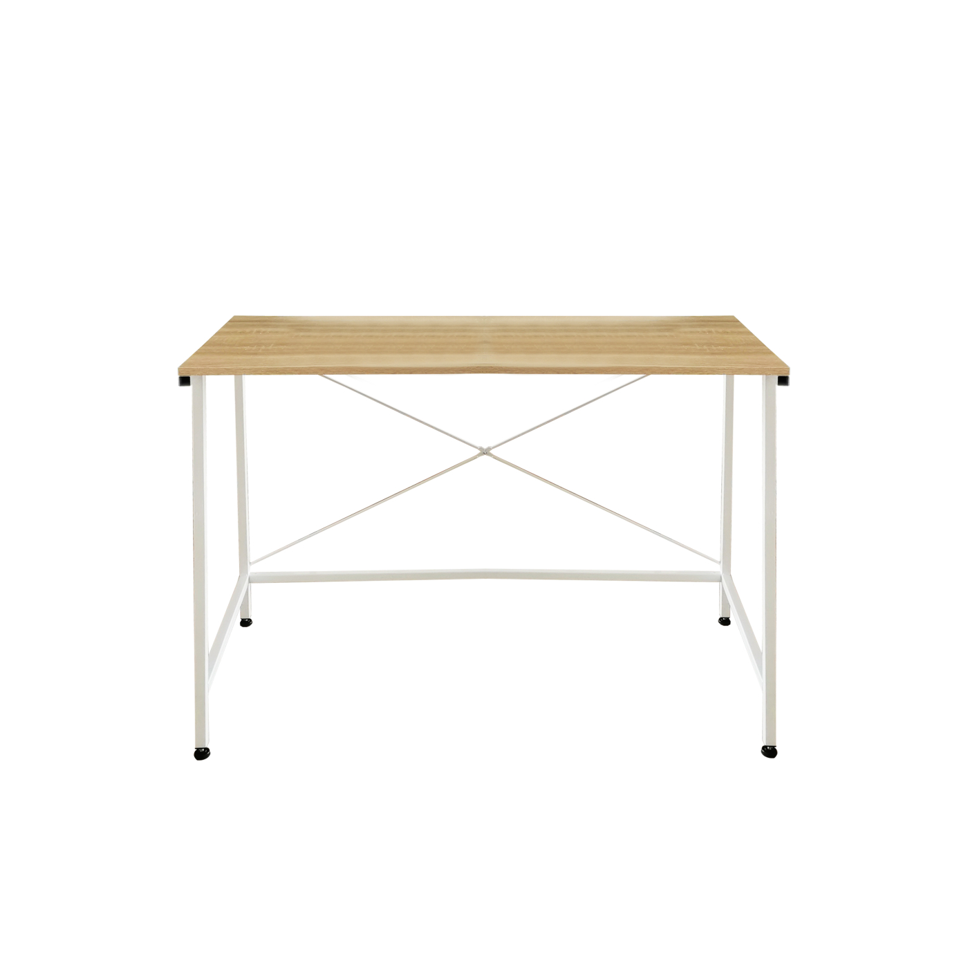 Een kleine, lichtgekleurde bureau met witte poten. Het bureau is leeg en de achtergrond is wit.